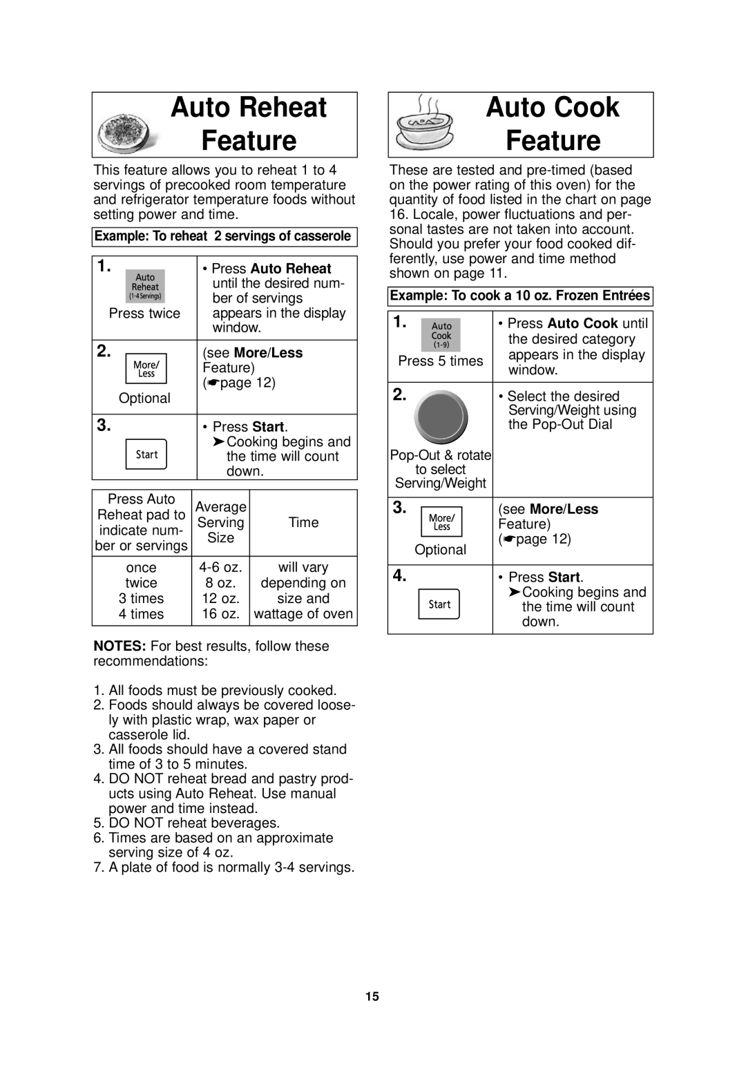 Panasonic NN-SD768W Auto Reheat Feature, Auto Cook Feature, Example To reheat 2 servings of casserole Press Auto Reheat 