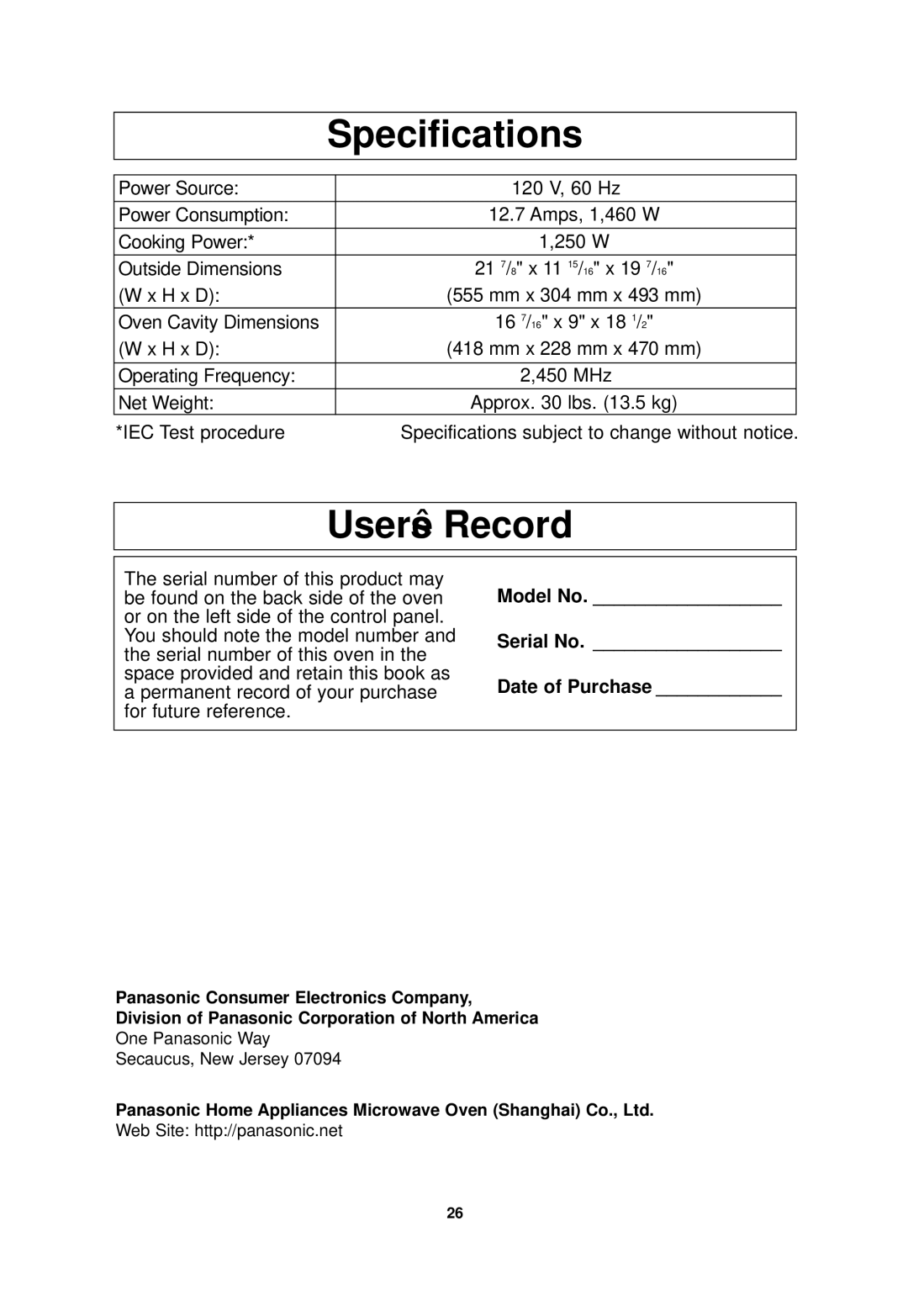 Panasonic NN-SD768B, NN-SD768W operating instructions Specifications, User’s Record, Model No Serial No Date of Purchase 