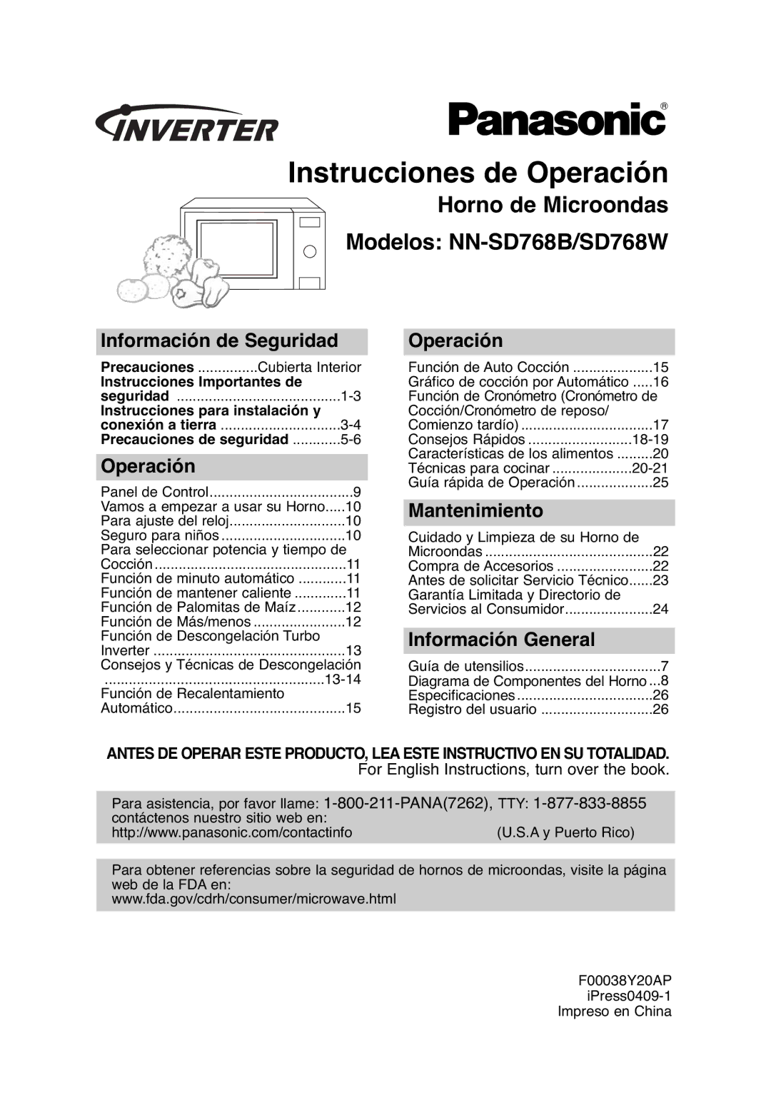 Panasonic NN-SD768W, NN-SD768B Instrucciones de Operación, Información de Seguridad, Mantenimiento, Información General 