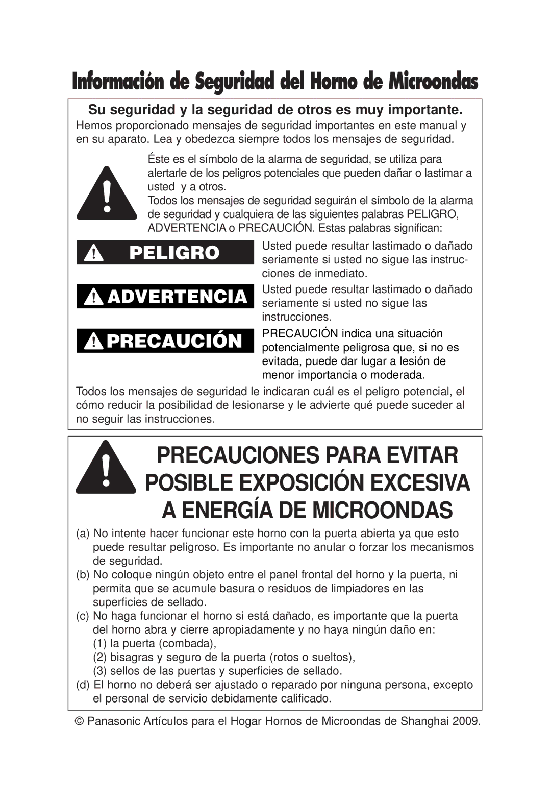 Panasonic NN-SD768B, NN-SD768W operating instructions Información de Seguridad del Horno de Microondas 