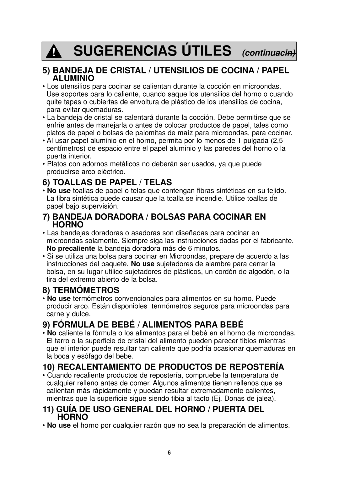 Panasonic NN-SD768B, NN-SD768W Sugerencias Útiles continuación, Bandeja DE Cristal / Utensilios DE Cocina / Papel Aluminio 