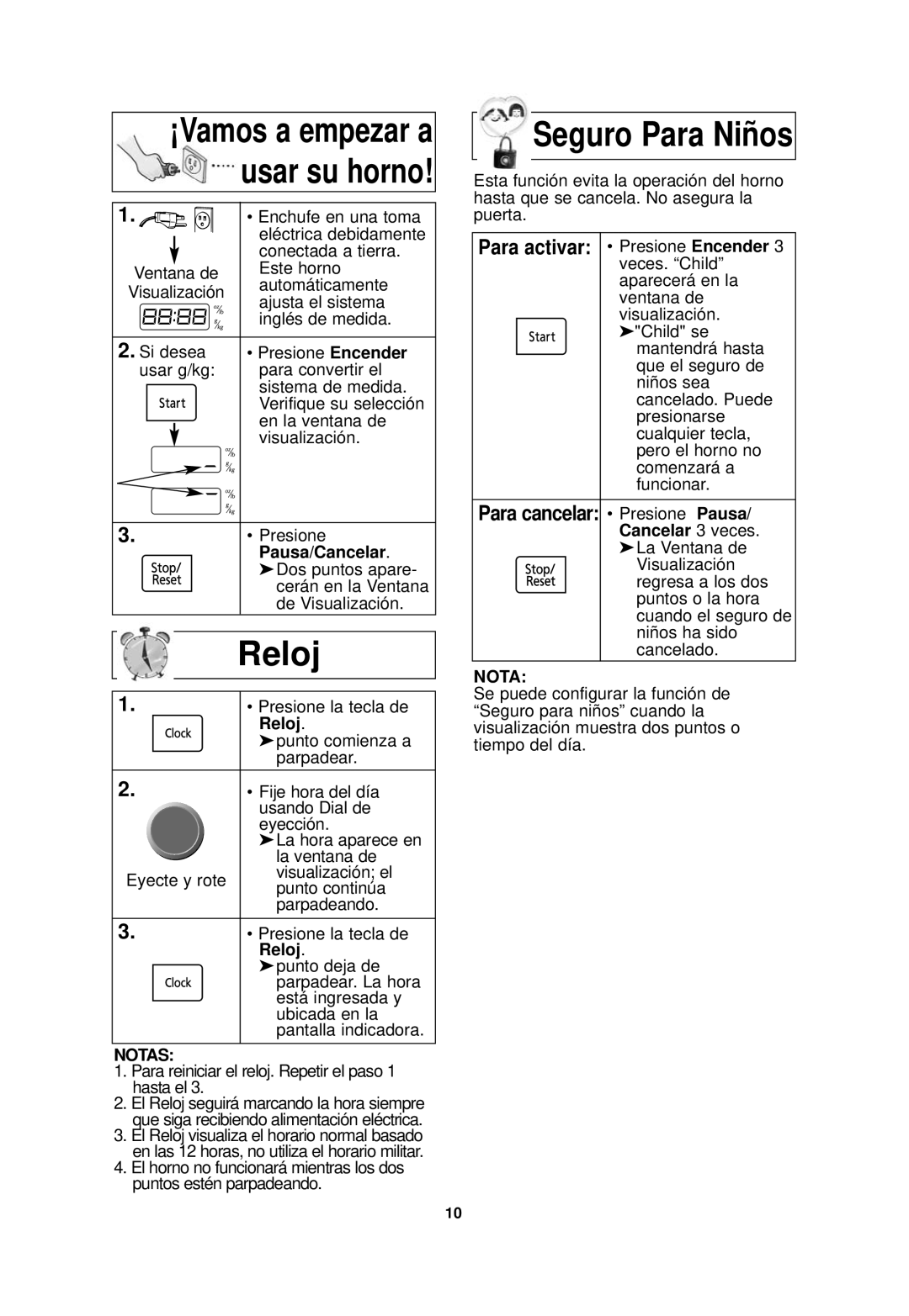 Panasonic NN-SD768B, NN-SD768W operating instructions Reloj, Para activar Presione Encender 3 veces. Child, Notas 