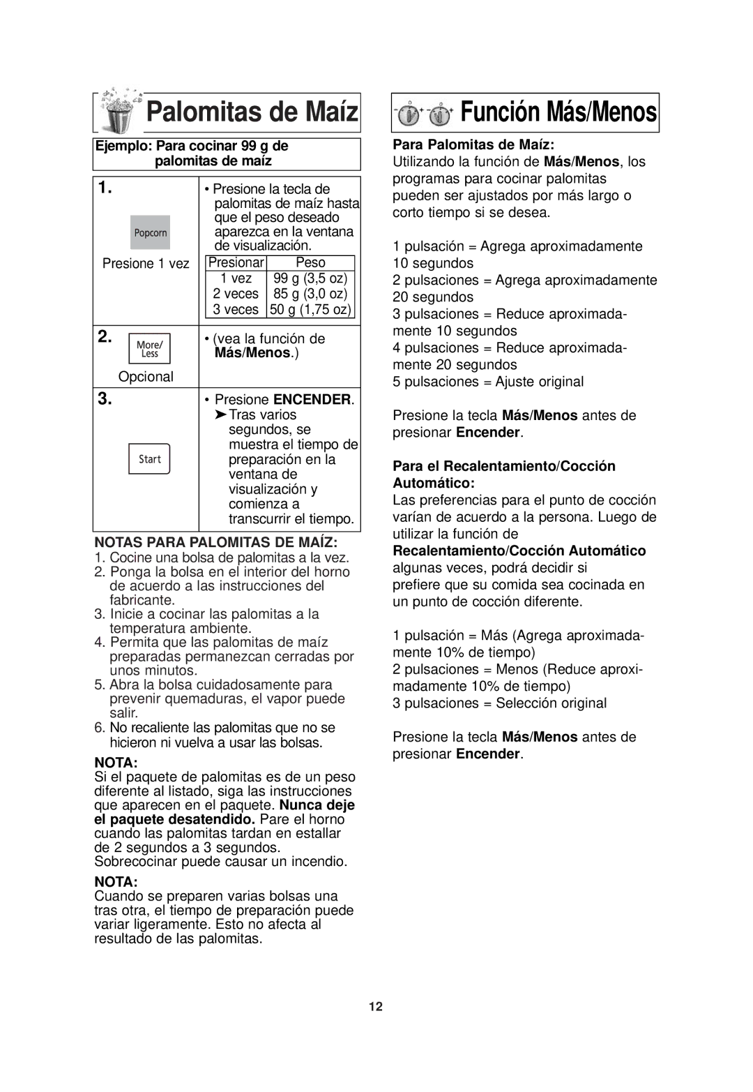 Panasonic NN-SD768B, NN-SD768W operating instructions Palomitas de Maíz, Notas Para Palomitas DE Maíz 