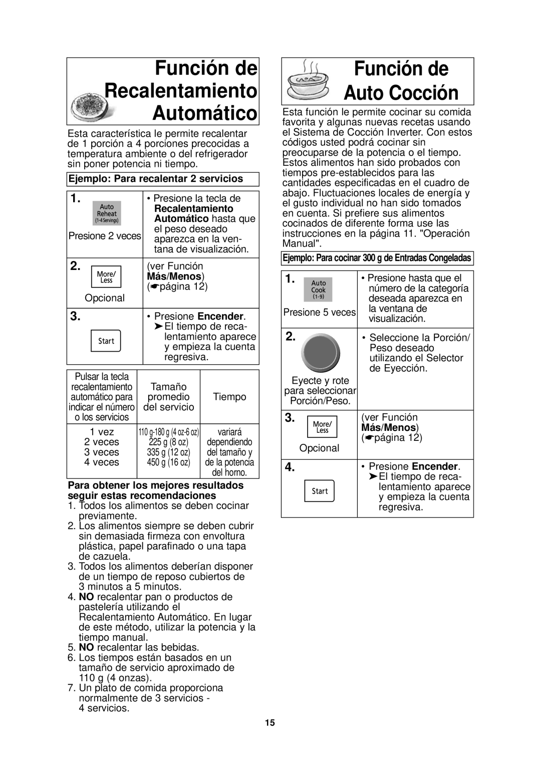 Panasonic NN-SD768W Función de Auto Cocción, Ejemplo Para recalentar 2 servicios, Recalentamiento, Presione hasta que el 