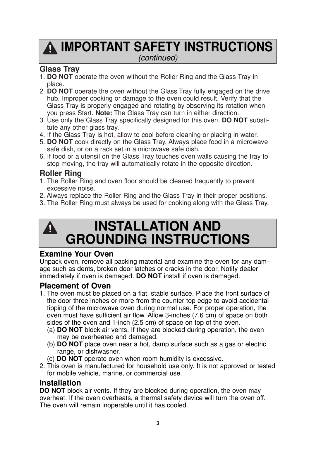 Panasonic NN-SD768W, NN-SD768B Glass Tray, Roller Ring, Examine Your Oven, Placement of Oven, Installation 