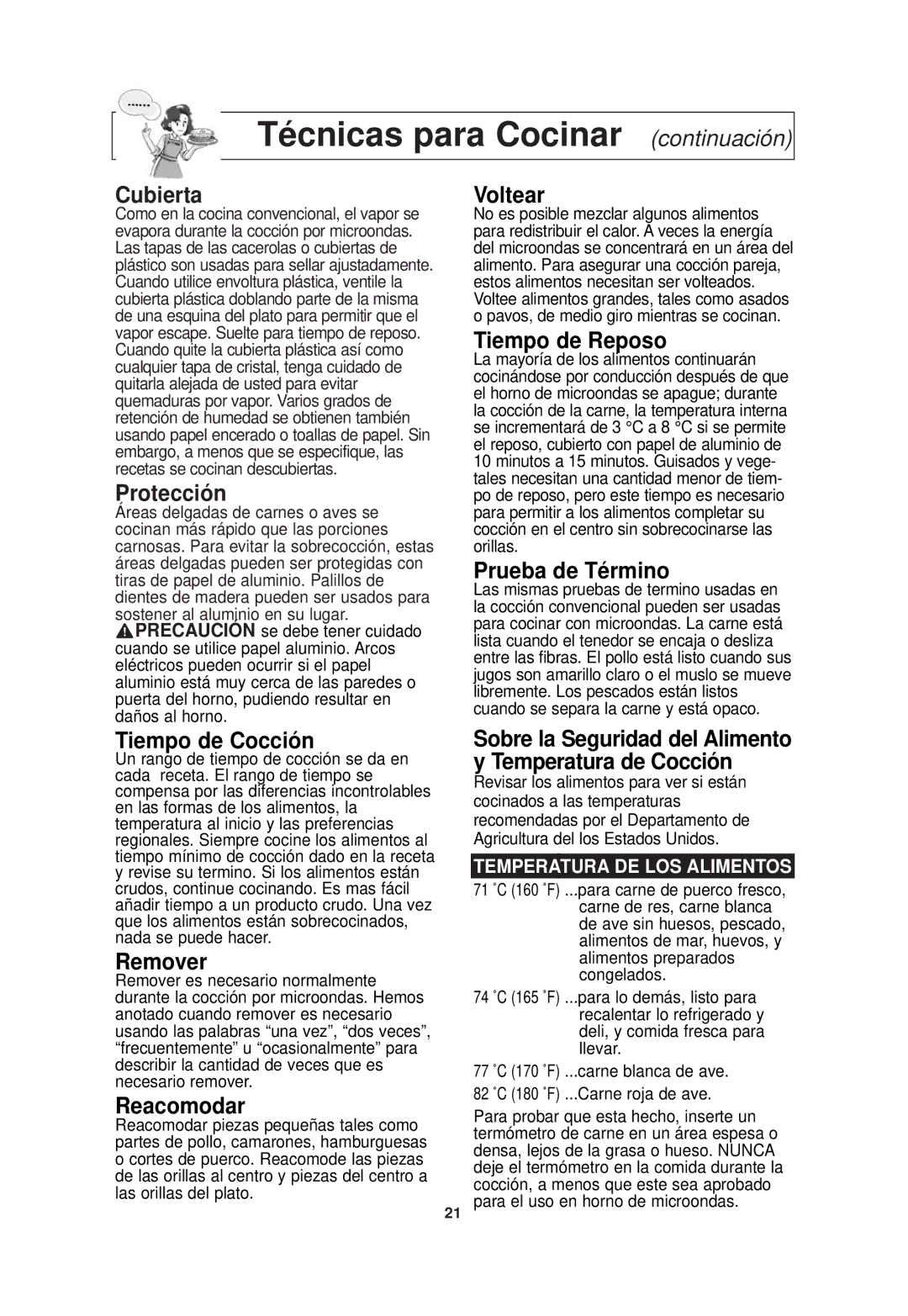 Panasonic NN-SD768W, NN-SD768B operating instructions Técnicas para Cocinar continuación 