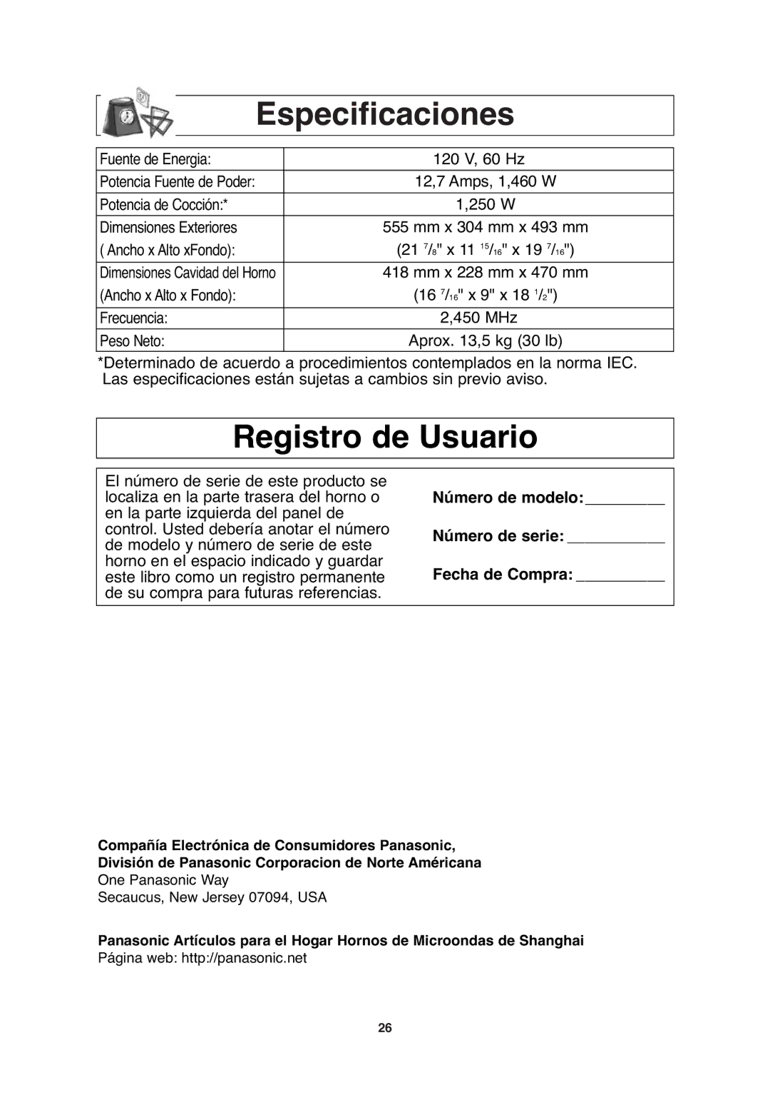 Panasonic NN-SD768B, NN-SD768W Especificaciones, Registro de Usuario, Número de modelo Número de serie Fecha de Compra 