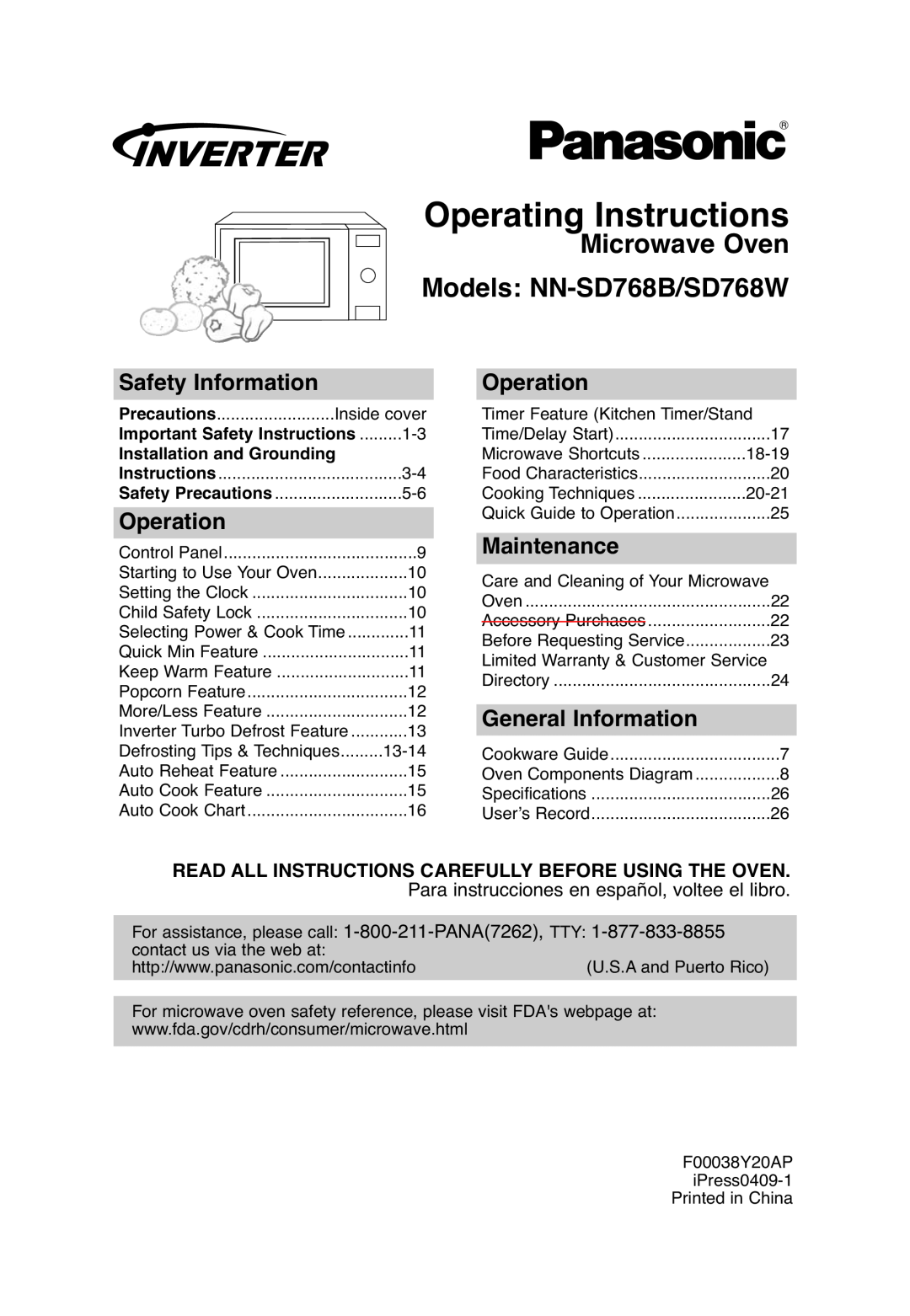 Panasonic NN-SD768W operating instructions Operating Instructions, Microwave Oven Models NN-SD768B/SD768W, Operation 