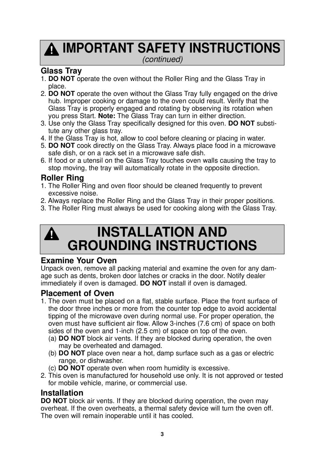 Panasonic NN-SD768W Installation And Grounding Instructions, Glass Tray, Roller Ring, Examine Your Oven, Placement of Oven 