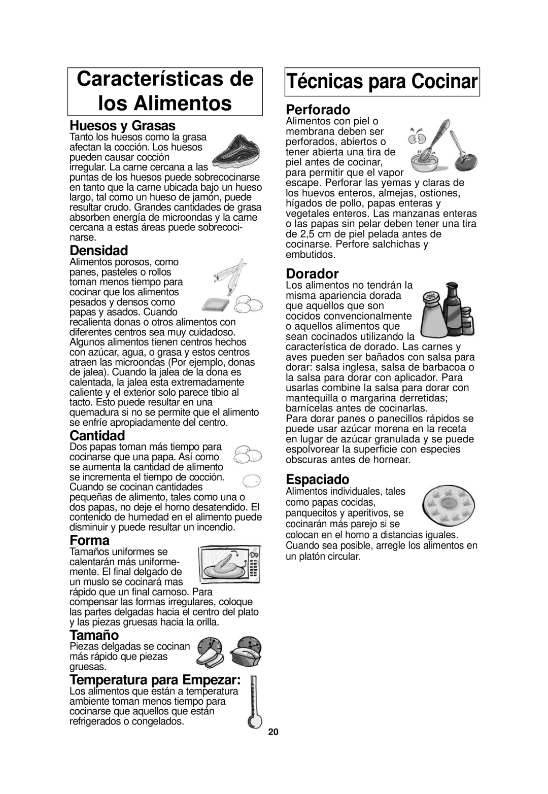 Panasonic NN-SD768B Características de los Alimentos, Técnicas para Cocinar, Huesos y Grasas, Densidad, Cantidad, Forma 