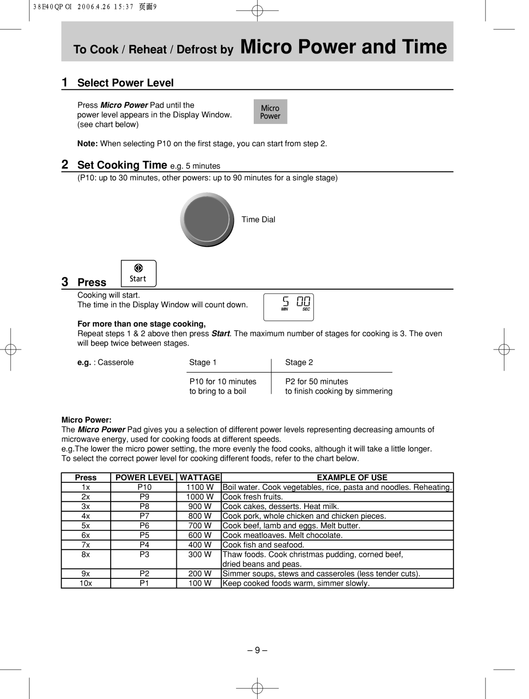 Panasonic NN-SD786S manual Set Cooking Time e.g minutes, For more than one stage cooking, Micro Power, Press 