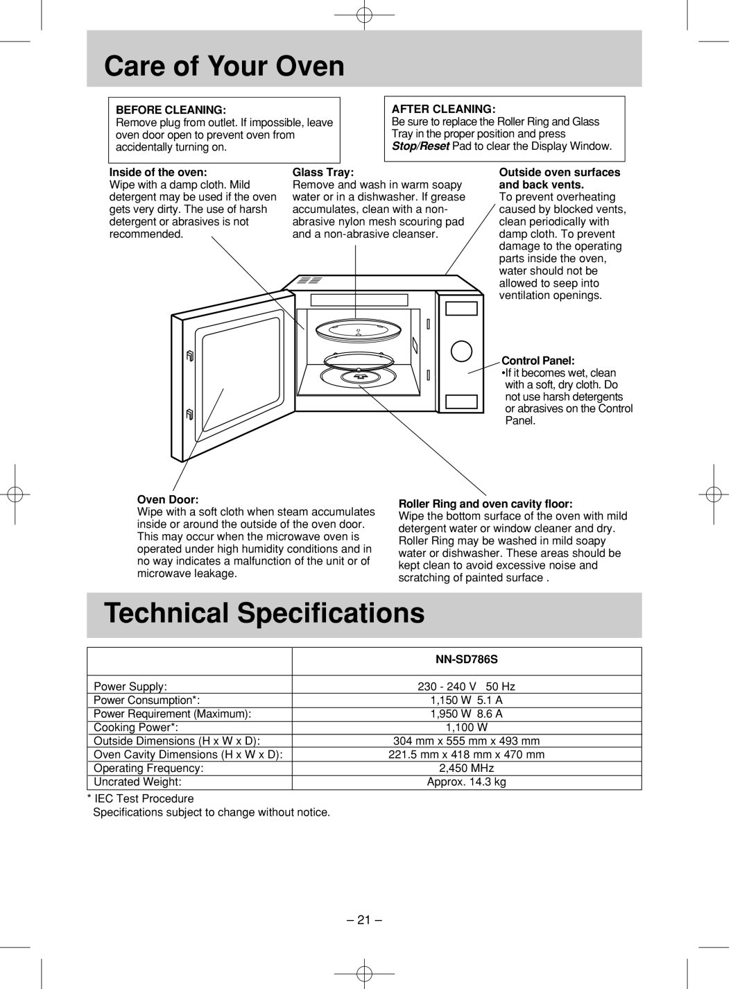 Panasonic NN-SD786S manual Care!!!!!of Your! Oven, Technical Specifications, Before Cleaning, After Cleaning 