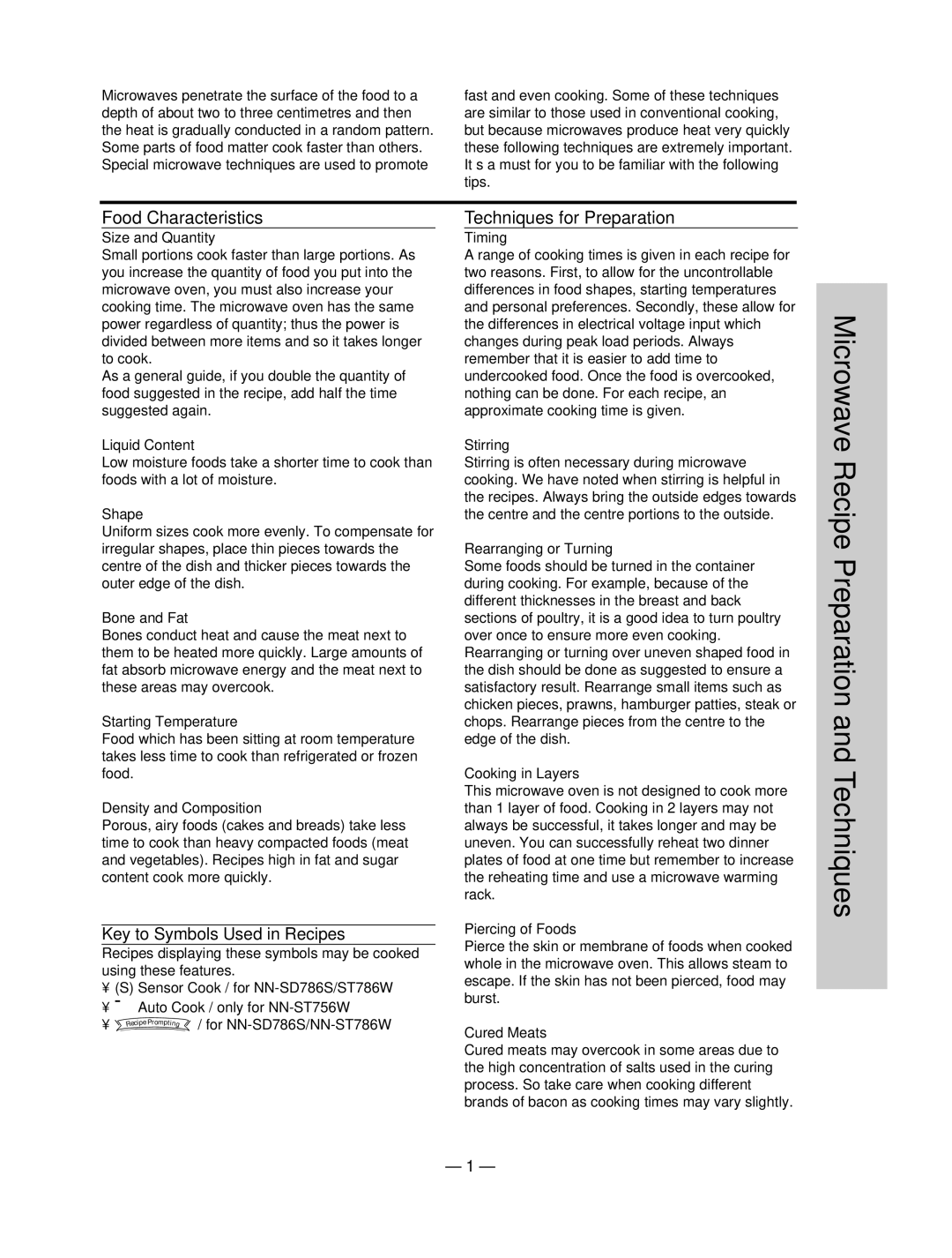 Panasonic NN-SD786S manual Microwave Recipe Preparation and Techniques, Food Characteristics, Techniques for Preparation 