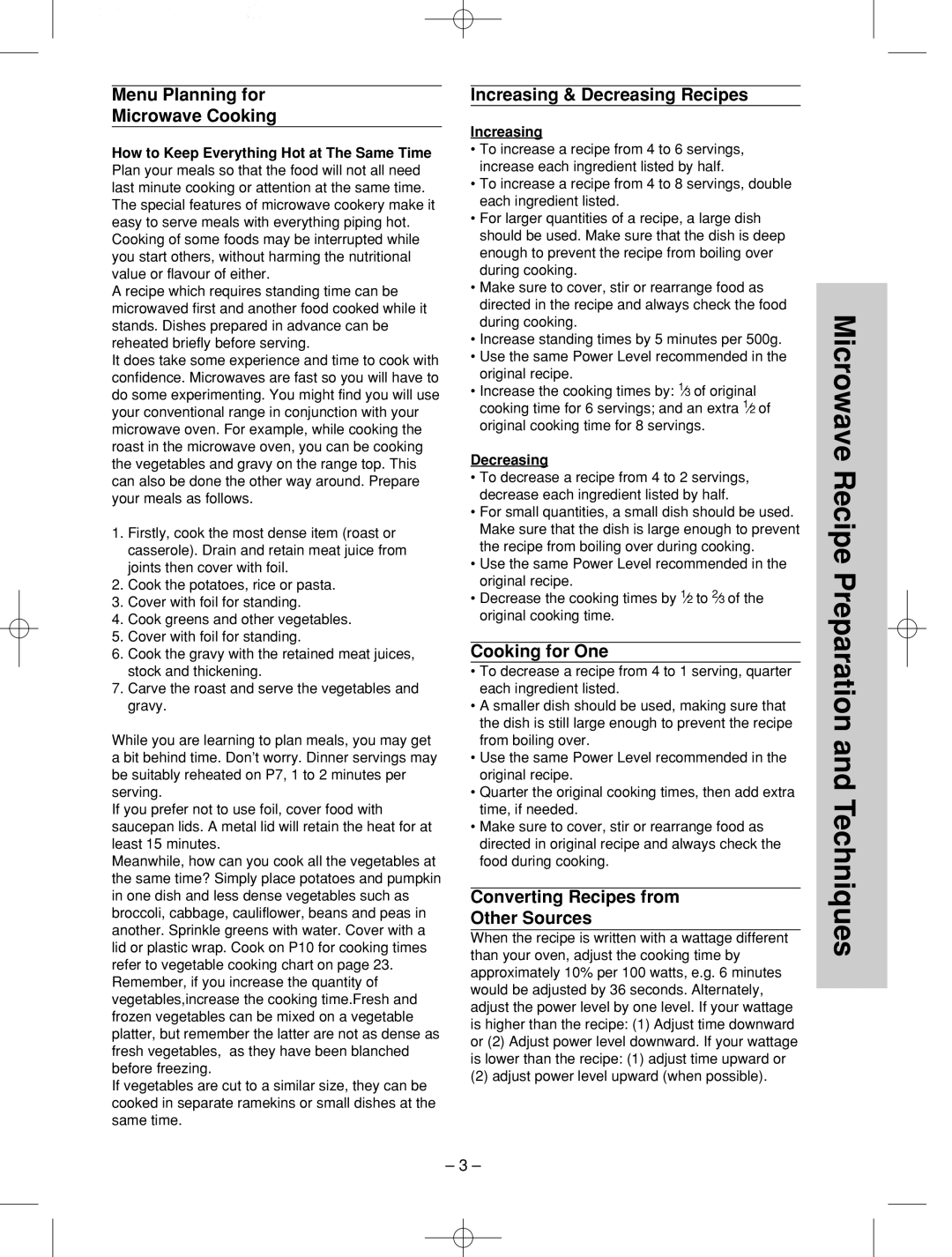 Panasonic NN-SD786S manual Menu Planning for Microwave Cooking, Increasing & Decreasing Recipes, Cooking for One 