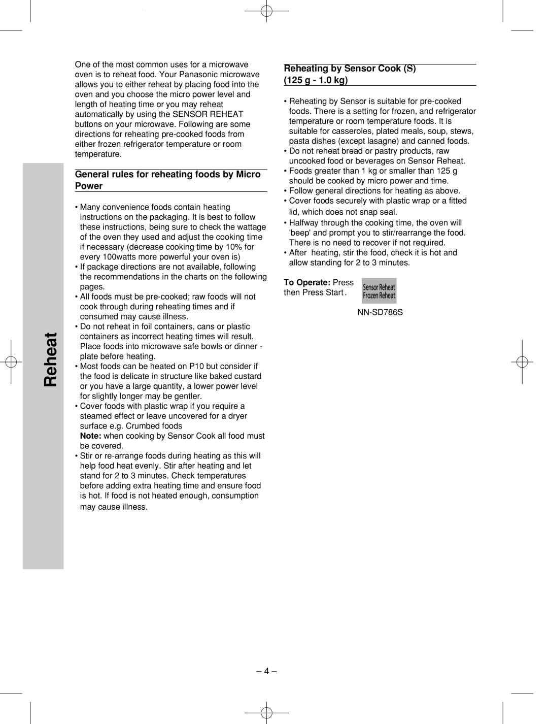 Panasonic NN-SD786S manual General rules for reheating foods by Micro Power, Reheating by Sensor Cook S 125 g 1.0 kg 