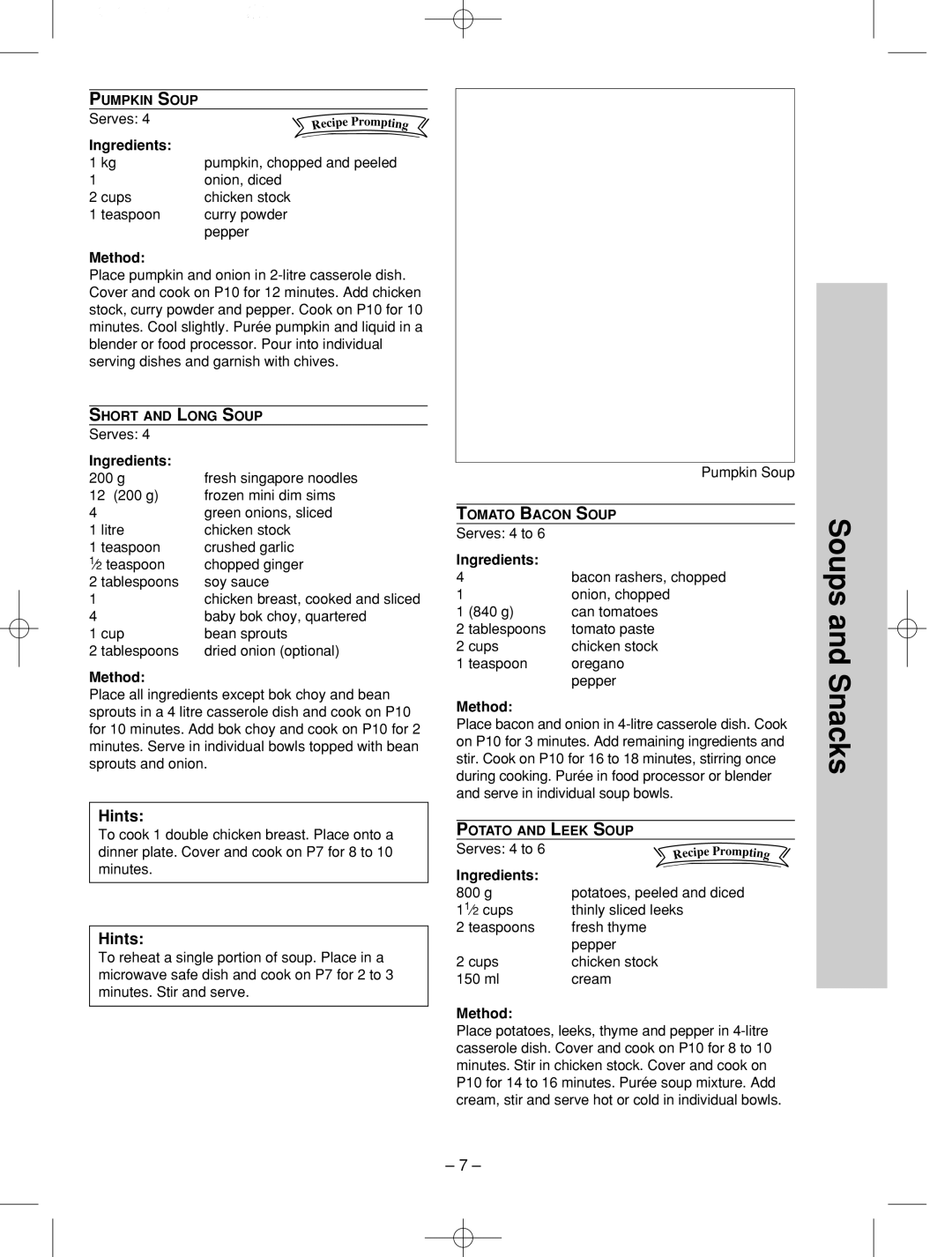 Panasonic NN-SD786S manual Soups and Snacks, Hints, Ingredients, Method 