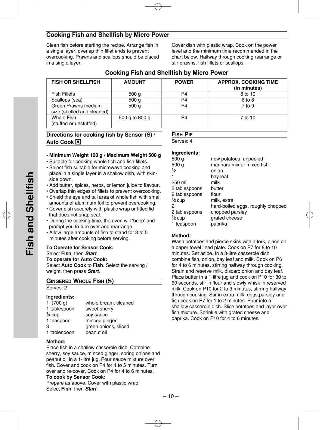 Panasonic NN-SD786S Cooking Fish and Shellfish by Micro Power, Directions for cooking fish by Sensor S / Auto Cook Å 