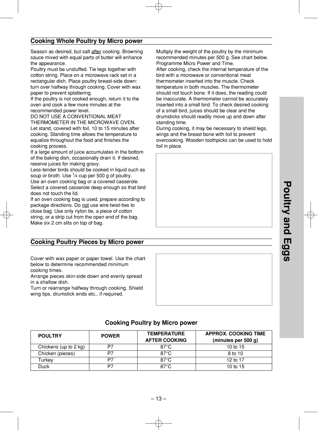 Panasonic NN-SD786S manual Eggs, Cooking Whole Poultry by Micro power, Cooking Poultry Pieces by Micro power 