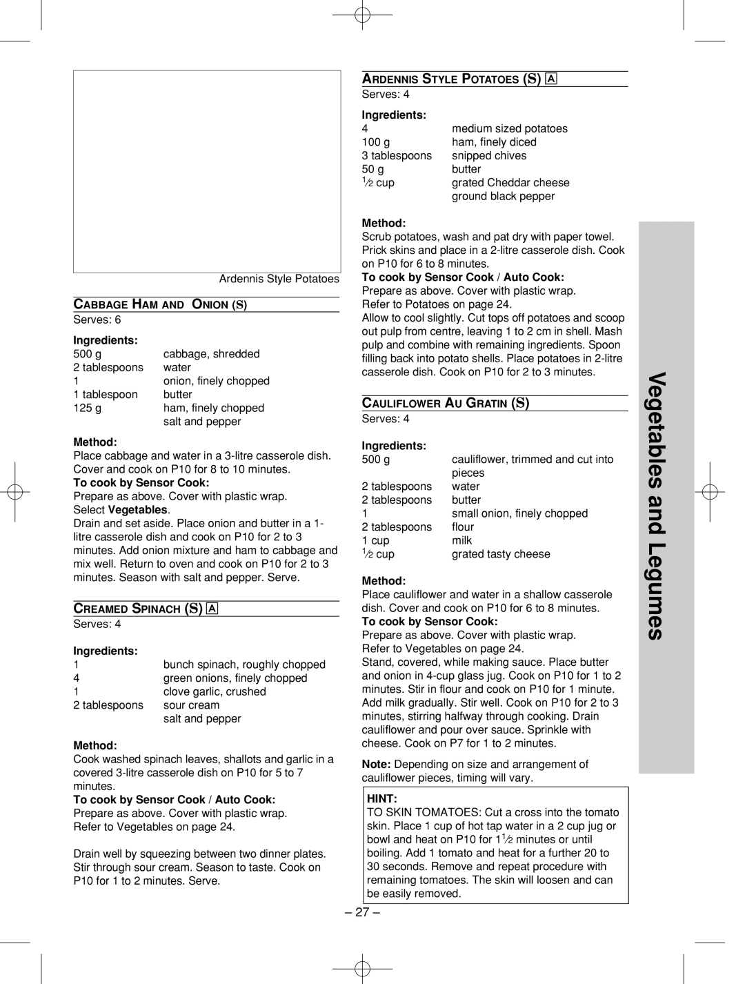 Panasonic NN-SD786S manual Ardennis Style Potatoes, g Cabbage, shredded Tablespoons Water, Green onions, finely chopped 