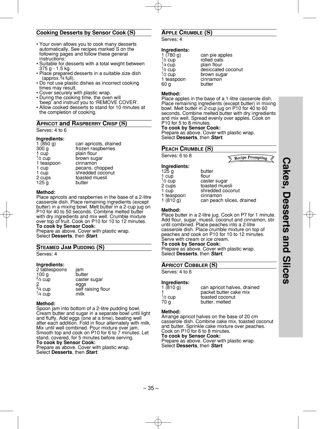 Panasonic NN-SD786S manual Cakes, Desserts and Slices, Cooking Desserts by Sensor Cook S 