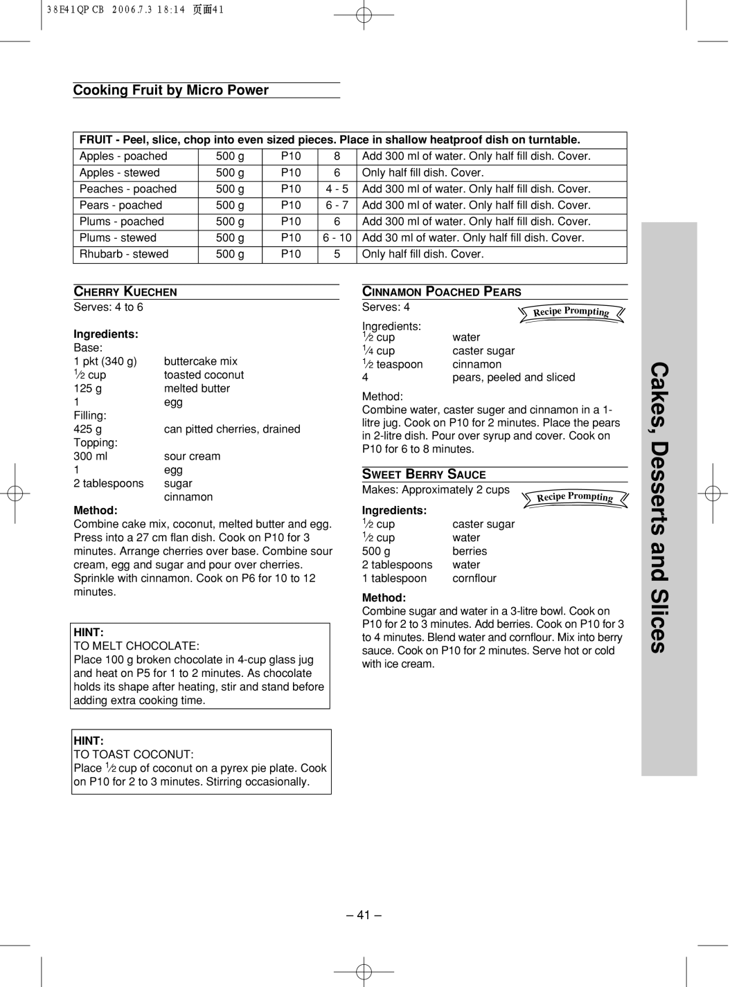 Panasonic NN-SD786S manual Cakes, Slices, Cooking Fruit by Micro Power 