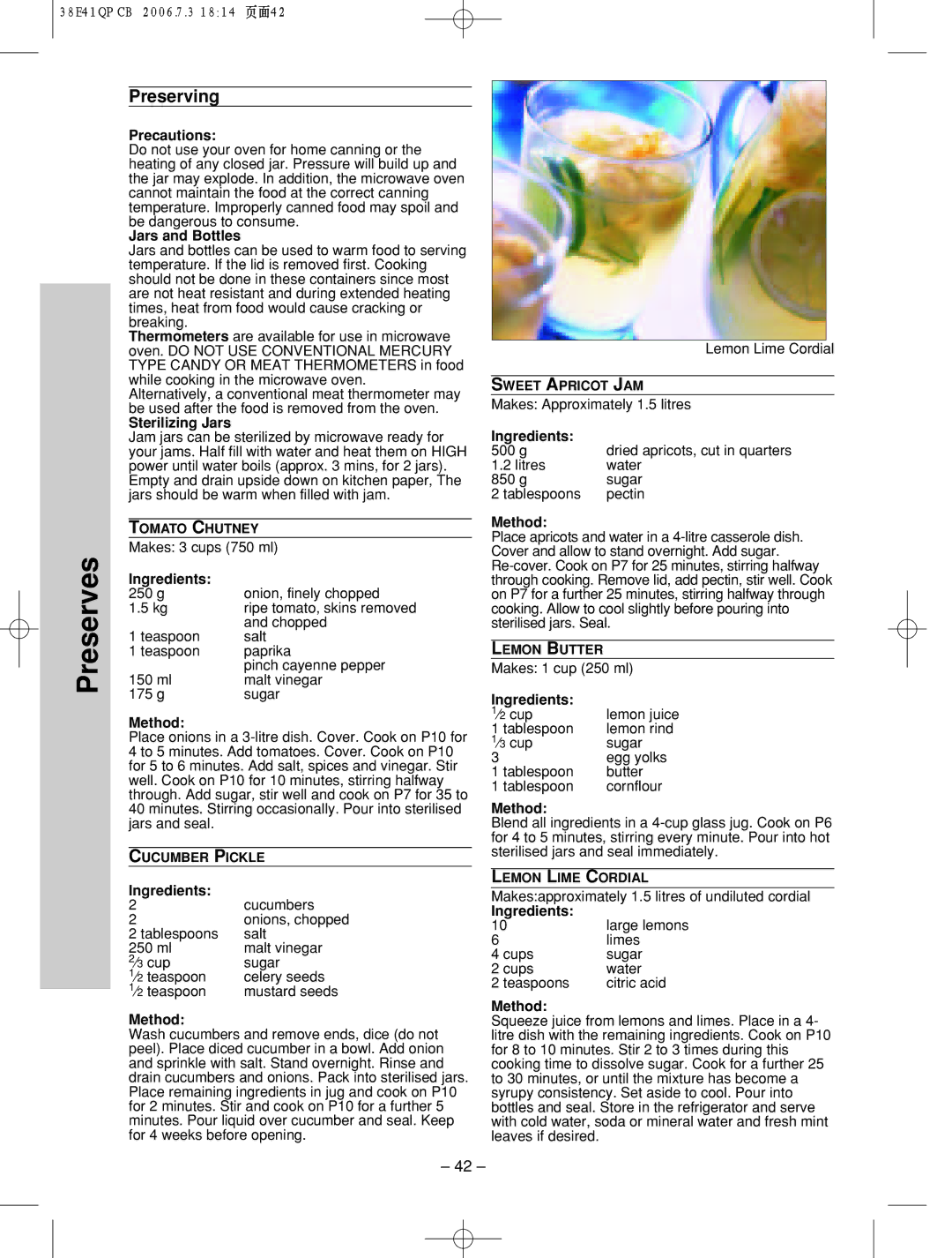 Panasonic NN-SD786S manual Preserving, Precautions, Jars and Bottles, Sterilizing Jars 