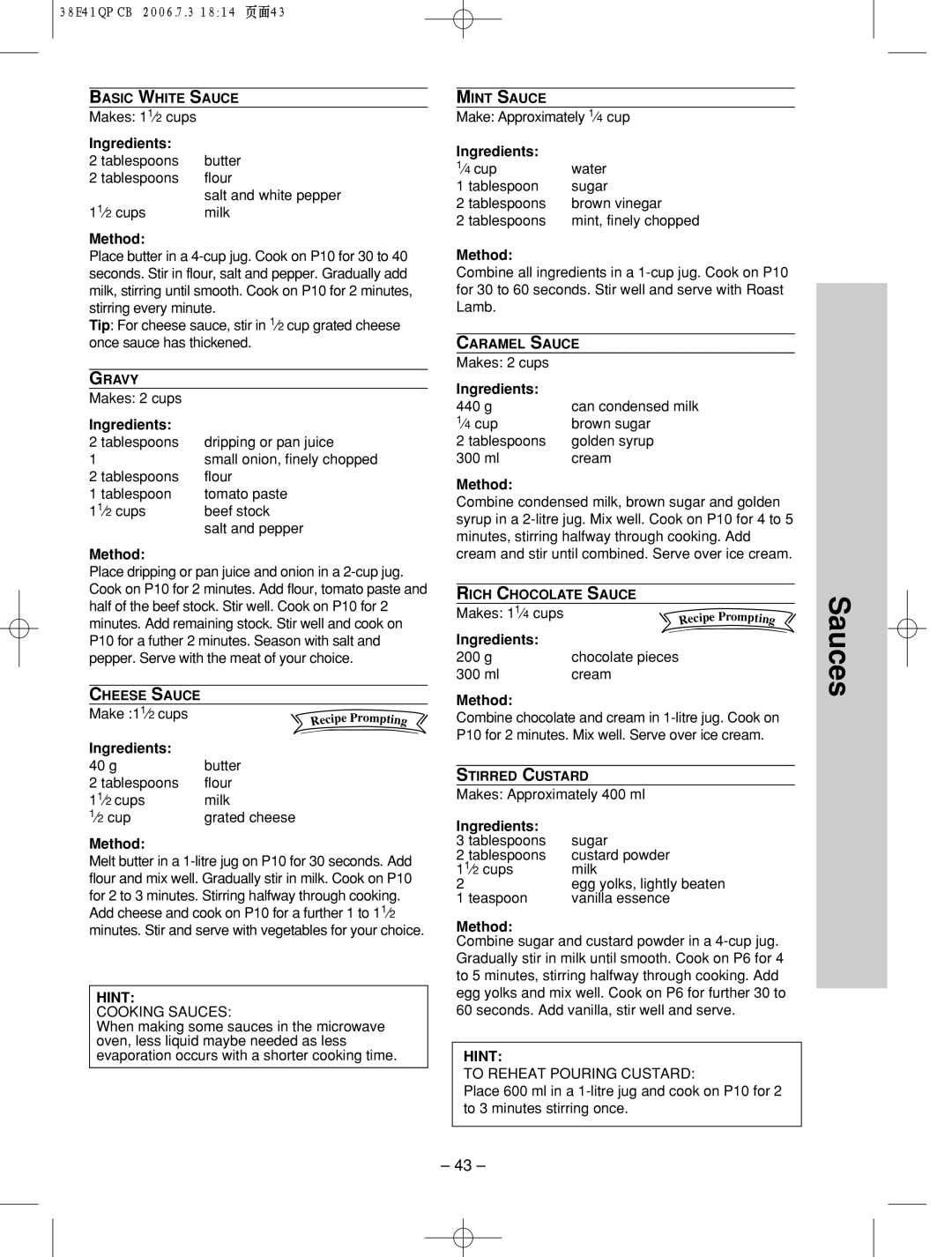 Panasonic NN-SD786S manual Sauces 