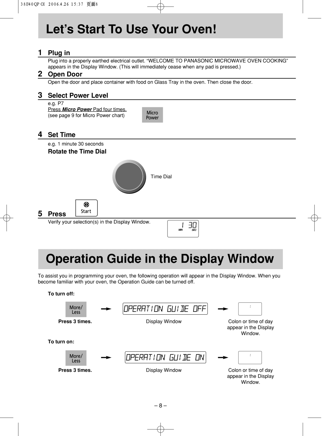 Panasonic NN-SD786S manual Let’s!!!!!Start To Use Your Oven, Operation Guide in the Display Window 