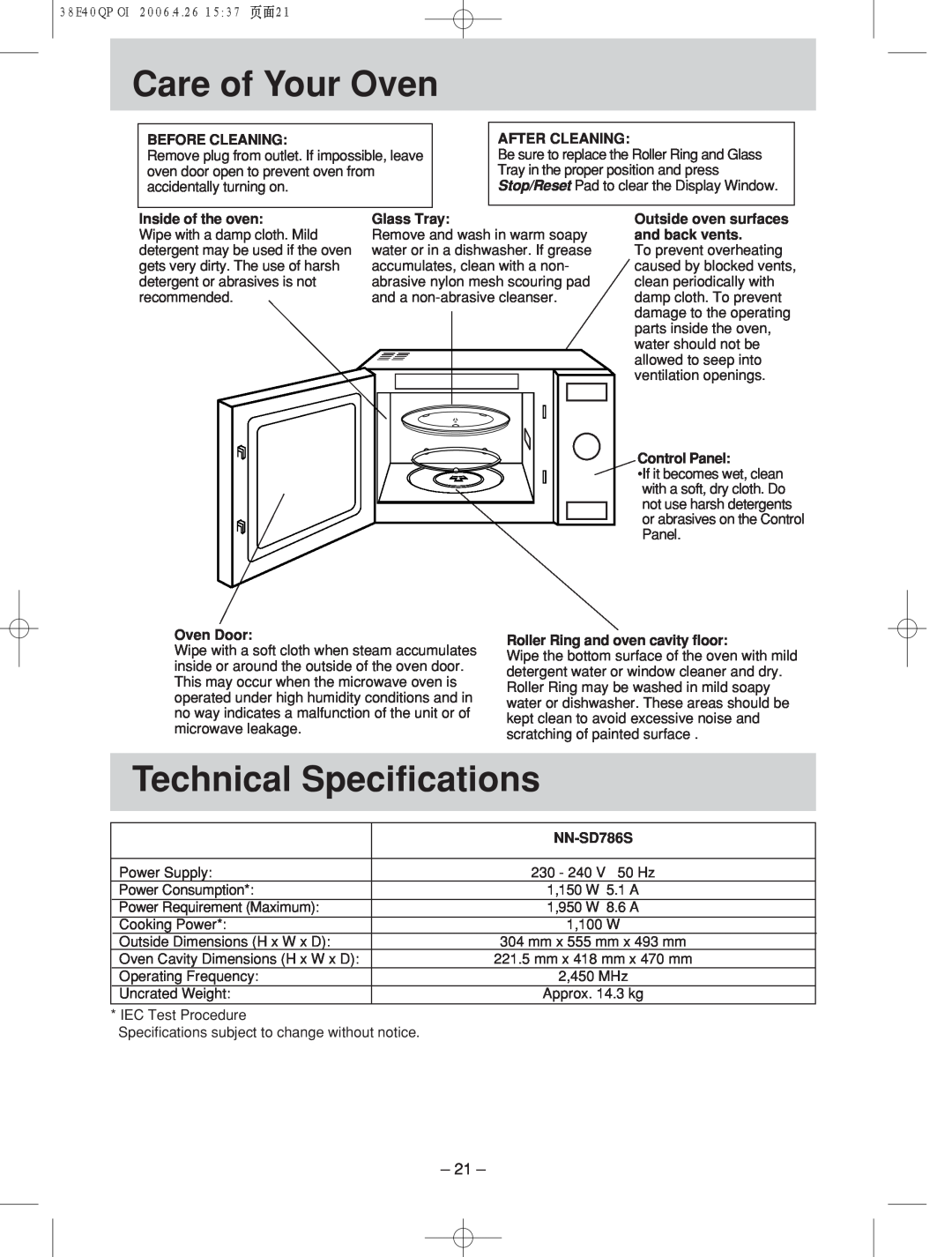 Panasonic NN-SD786S manual Care!!!!!of Your! Oven, Technical Specifications 