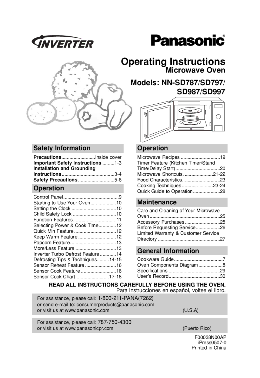 Panasonic NN-SD787 important safety instructions Operating Instructions, Safety Information Operation, Maintenance 