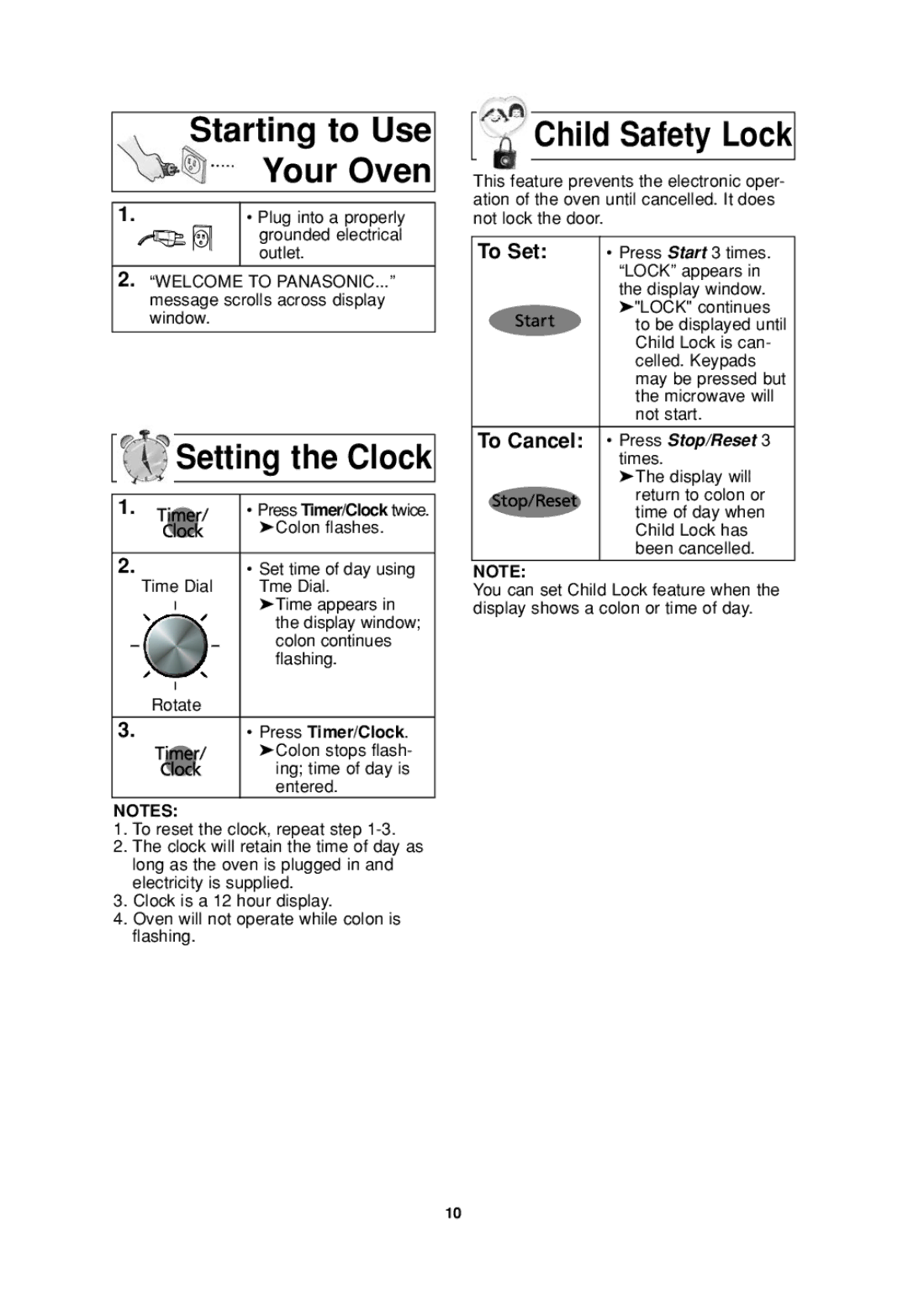 Panasonic NN-SD797S, NN-SD787, NN-SD997S Starting to Use Your Oven, Setting the Clock, Child Safety Lock, Press Timer/Clock 