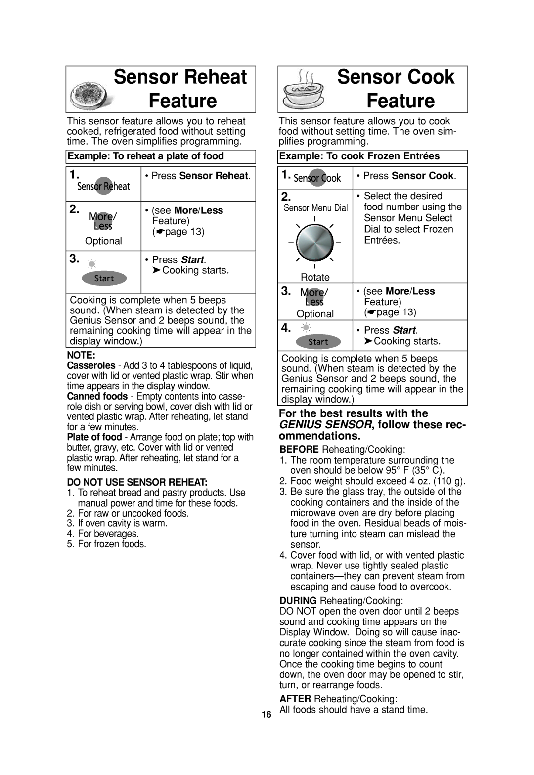 Panasonic NN-SD797S, NN-SD787, NN-SD997S, NN-SD987 Sensor Reheat Feature, Sensor Cook Feature, Do not USE Sensor Reheat 