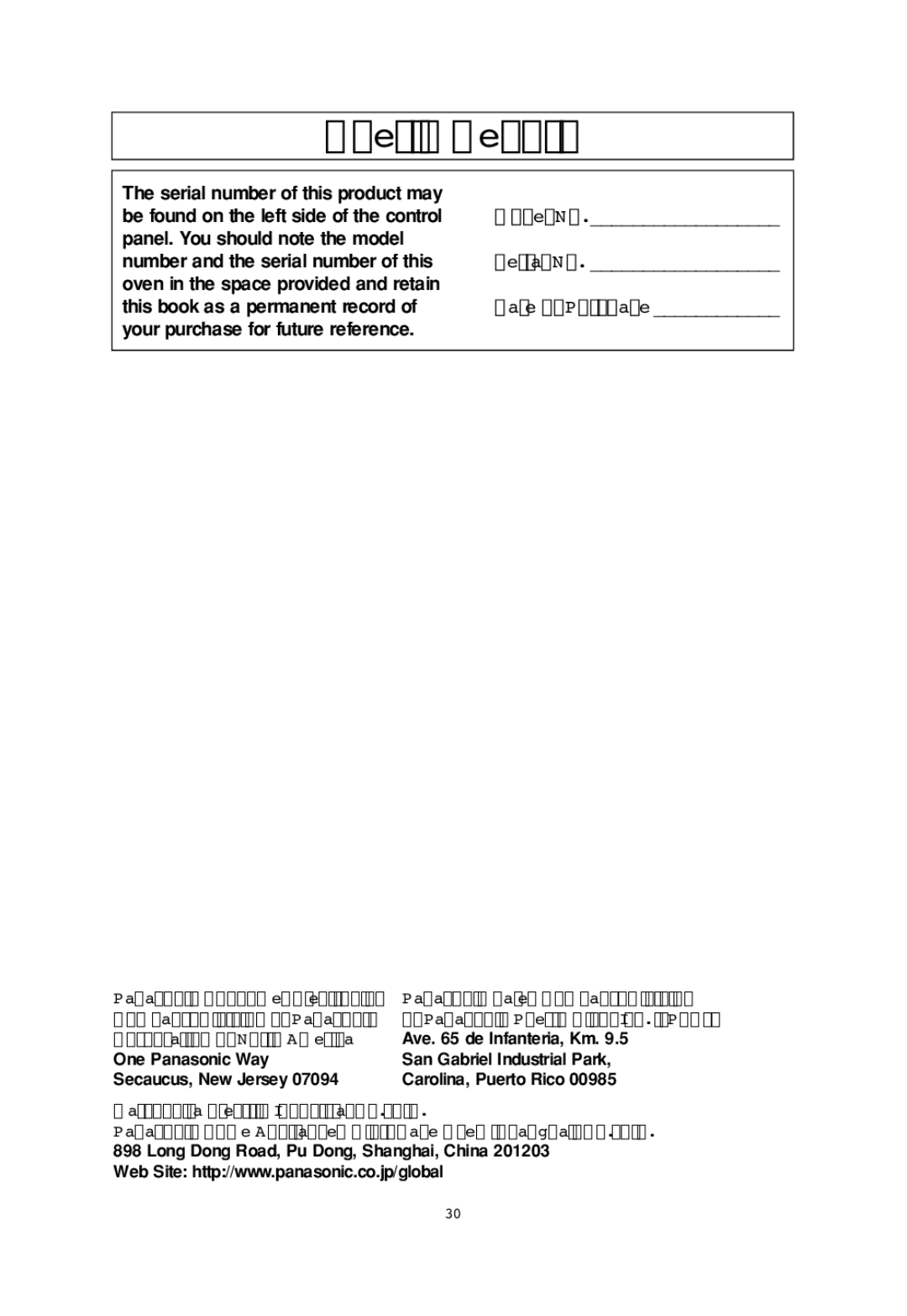 Panasonic NN-SD997S, NN-SD797S, NN-SD787, NN-SD987 important safety instructions User’s Record, Date of Purchase 