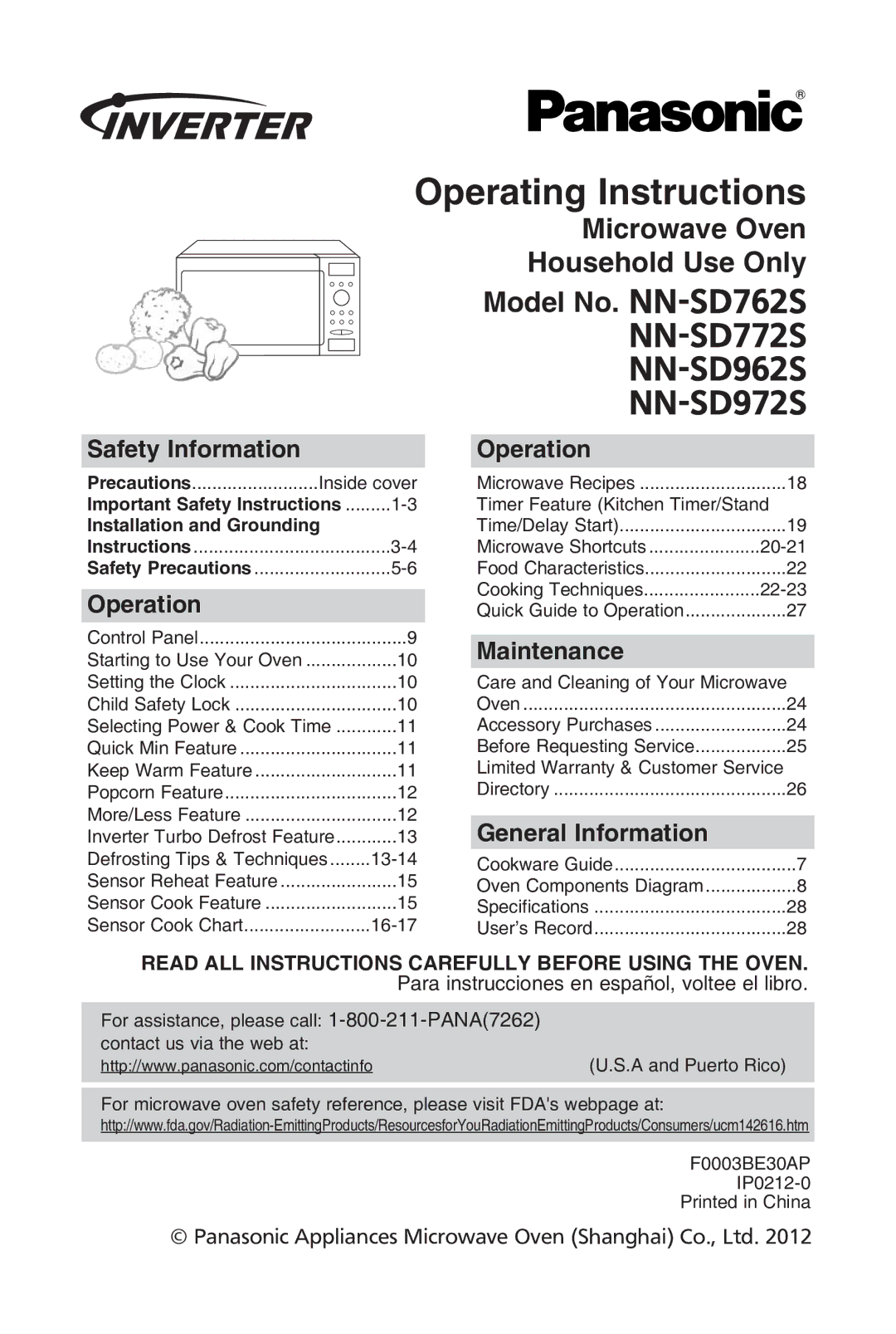 Panasonic NN-SD762S warranty Operating instructions, Safety information, Operation, Maintenance, General information 