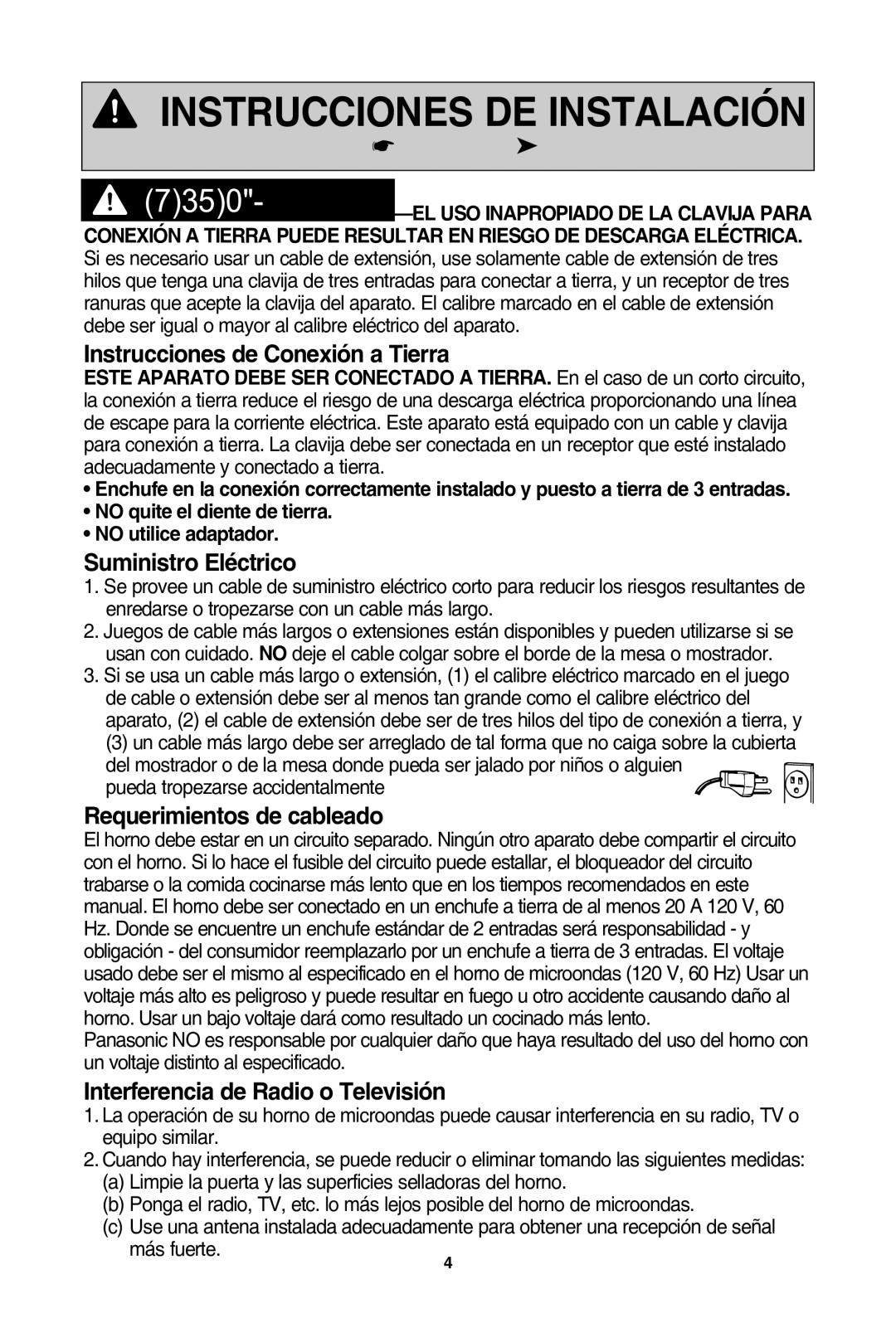 Panasonic NN-SD962S, NN-SD762S warranty Instrucciones de conexión a tierra, Suministro eléctrico, Requerimientos de cableado 