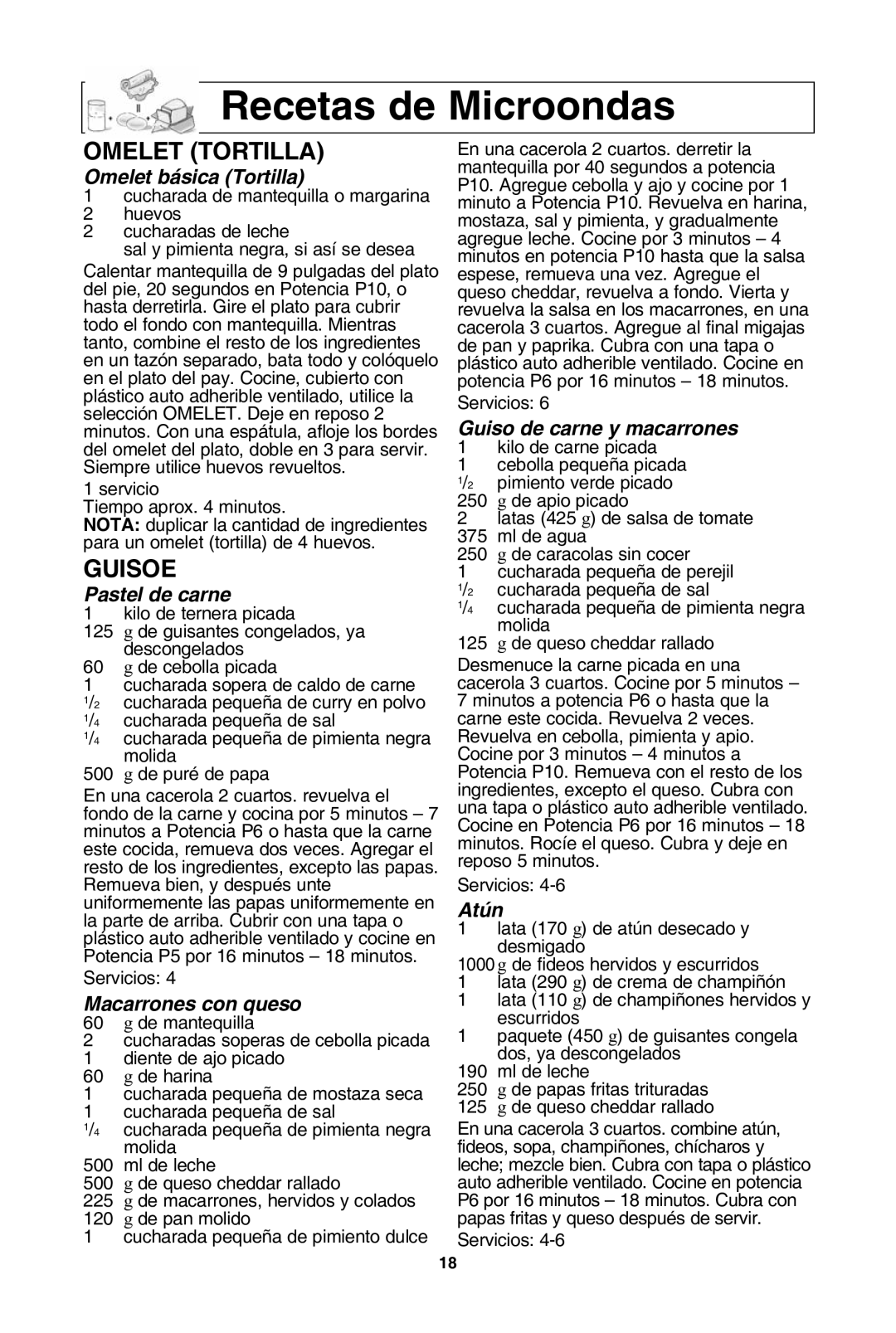 Panasonic NN-SD972S, NN-SD962S, NN-SD762S, NN-SD772S warranty Recetas de Microondas, OMelet tortilla, Guisoe 