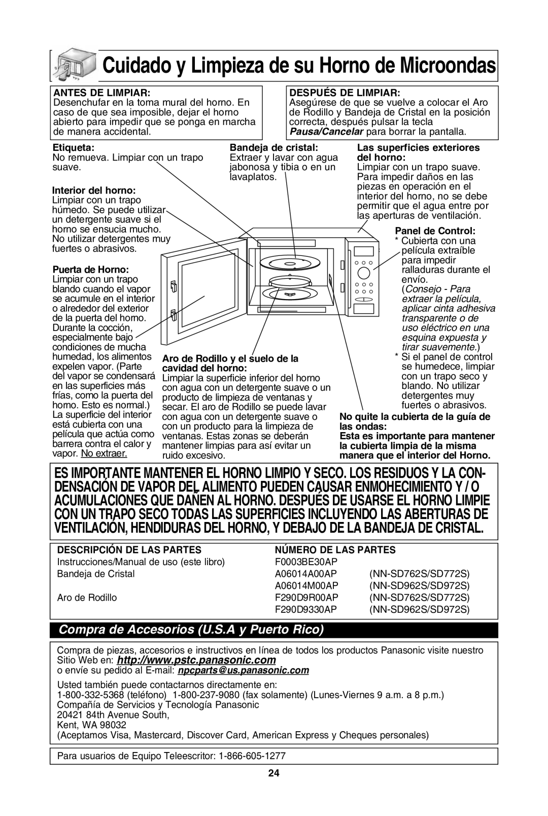 Panasonic NN-SD962S, NN-SD762S, NN-SD972S, NN-SD772S warranty Cuidado y limpieza de su horno de Microondas 