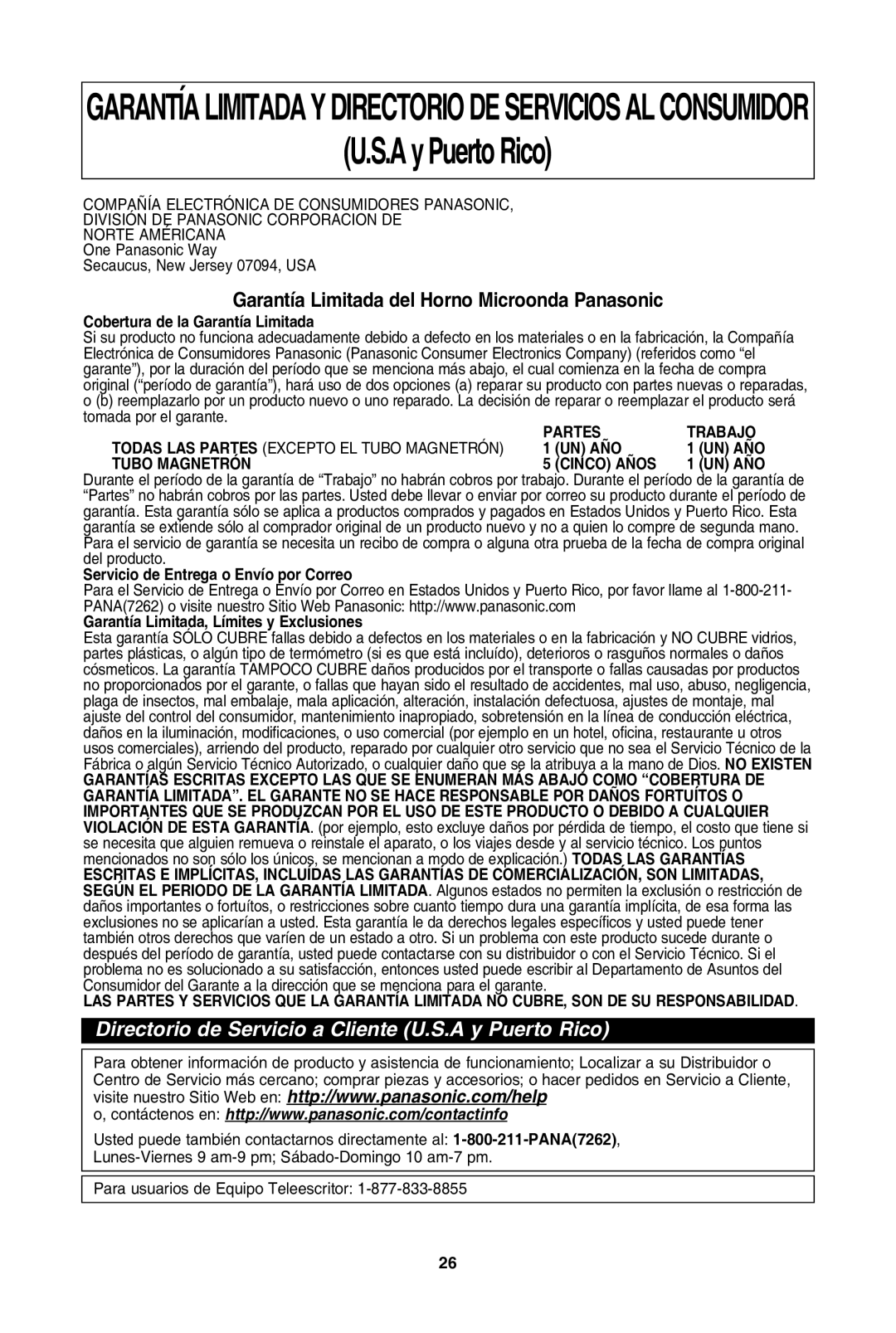 Panasonic NN-SD972S, NN-SD962S, NN-SD762S, NN-SD772S warranty AyPuertorico, Garantía limitada del horno Microonda Panasonic 