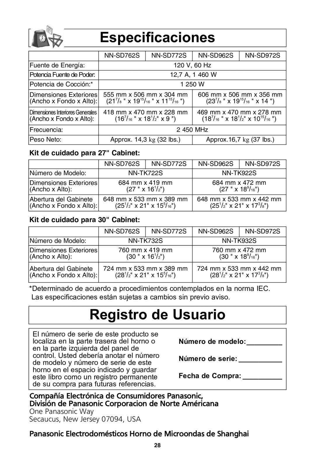 Panasonic NN-SD962S, NN-SD762S, NN-SD972S, NN-SD772S warranty Kit de cuidado para 27 cabinet, Kit de cuidado para 30 cabinet 