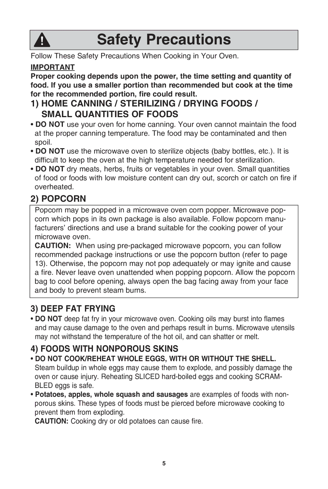 Panasonic NN-SD772S, NN-SD962S, NN-SD762S warranty Safety Precautions, PoPcorn, DeeP fat frying, Foods With nonPorous sKins 