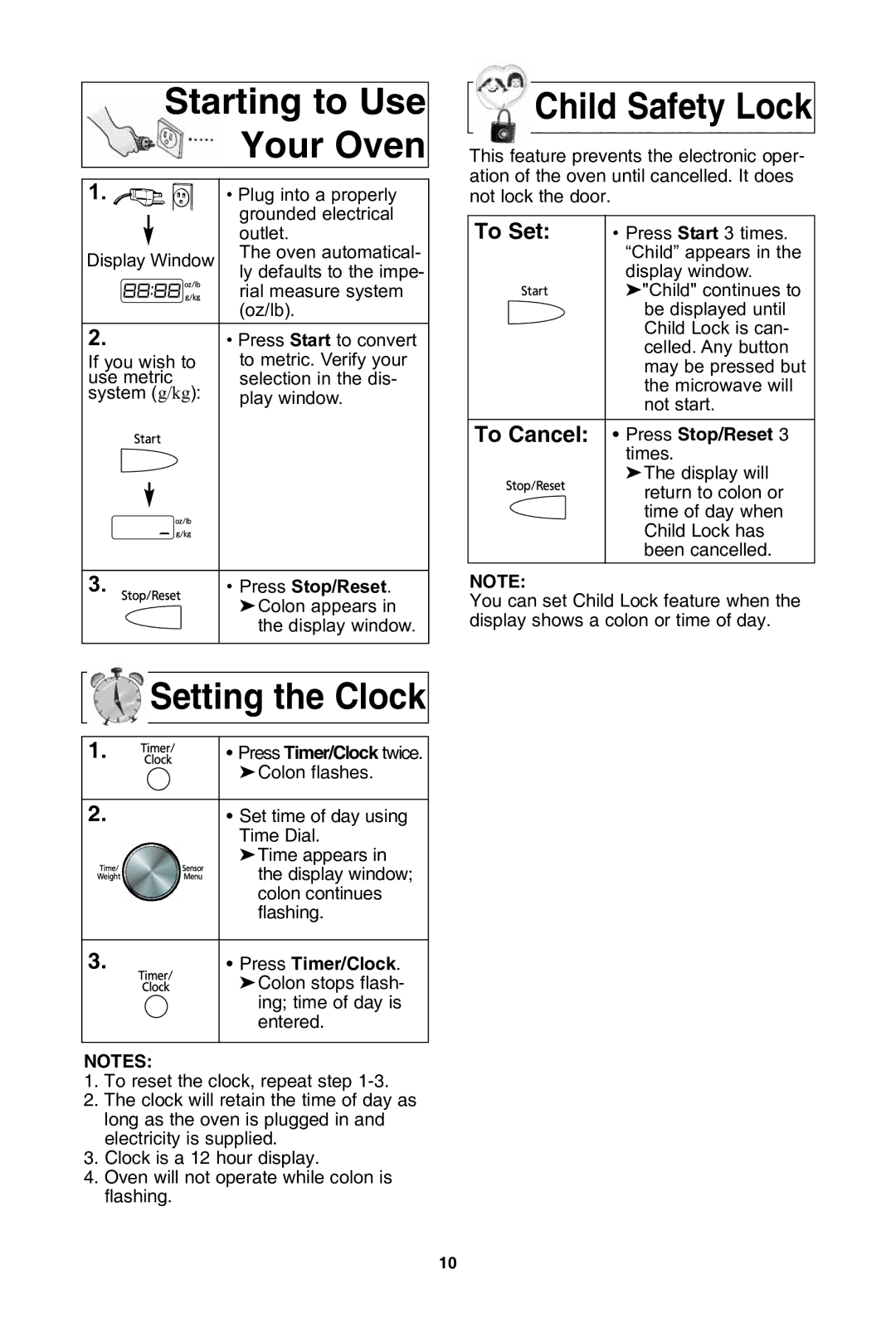 Panasonic NN-SD962S, NN-SD762S warranty Starting to use your oven, Child safety lock, Setting the clock, Press timer/clock 