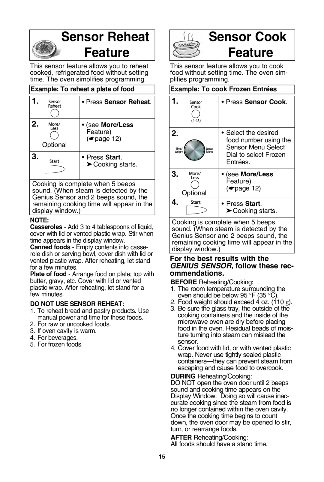 Panasonic NN-SD762S warranty Sensor reheat feature, Sensor cook feature, Example to cook frozen entrées Press sensor cook 