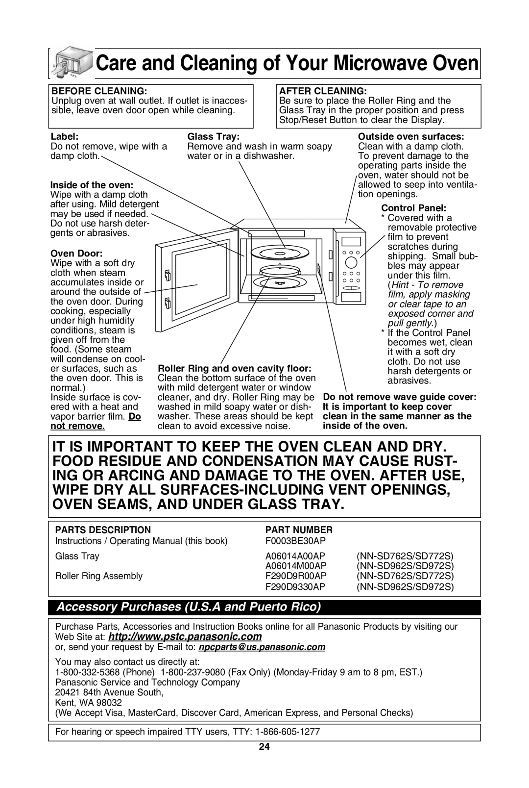 Panasonic NN-SD972S, NN-SD962S, NN-SD762S, NN-SD772S warranty Care and cleaning of your Microwave oven 