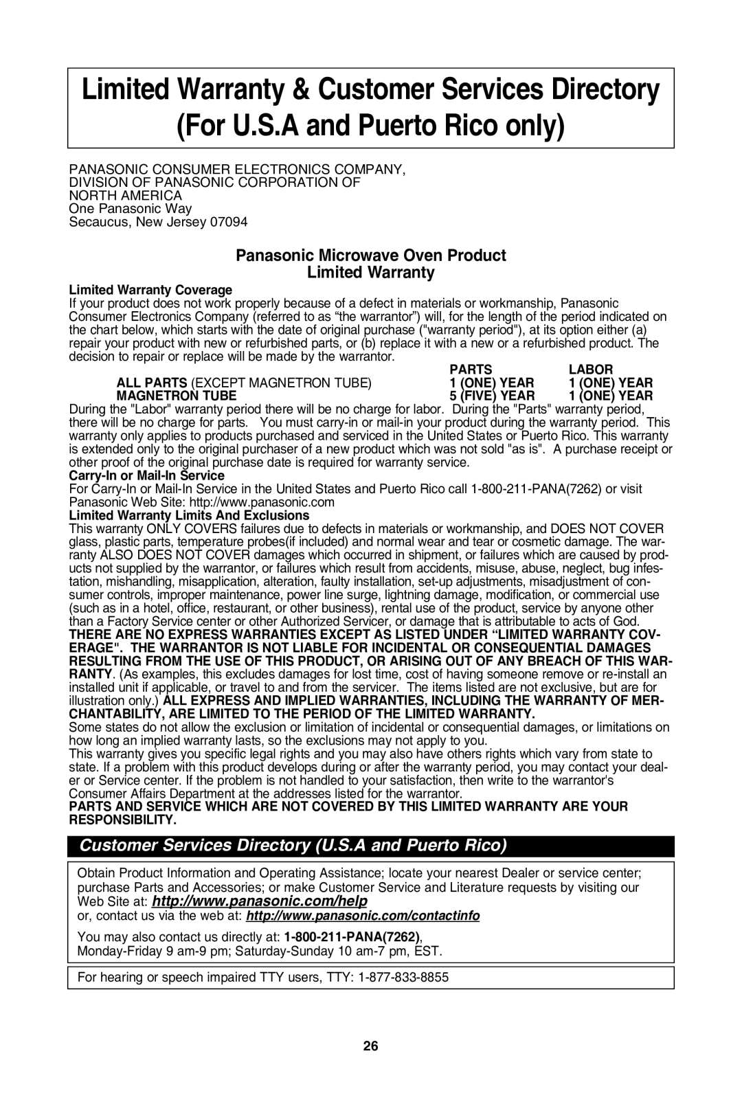 Panasonic NN-SD962S, NN-SD762S, NN-SD972S For u.s.a and Puerto rico only, Panasonic Microwave oven Product Limited Warranty 