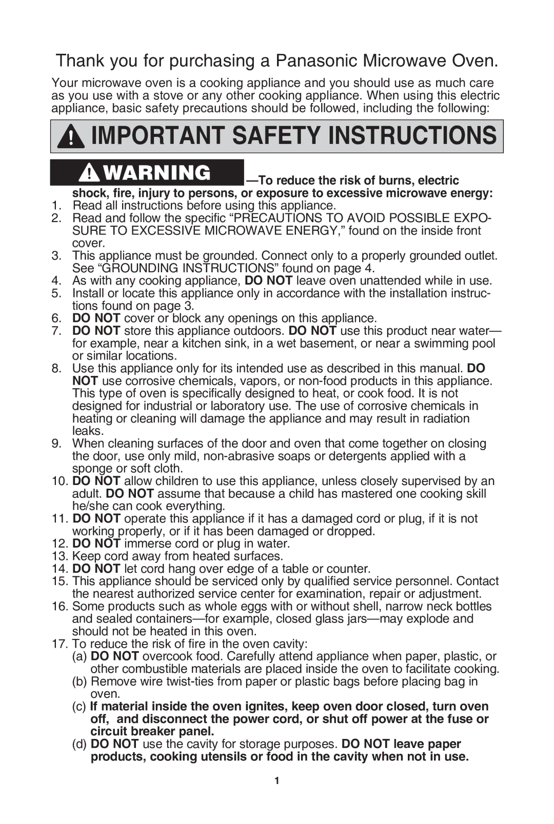 Panasonic NN-SD772S, NN-SD962S warranty IMPortant safety instructions, Thank you for purchasing a Panasonic Microwave Oven 