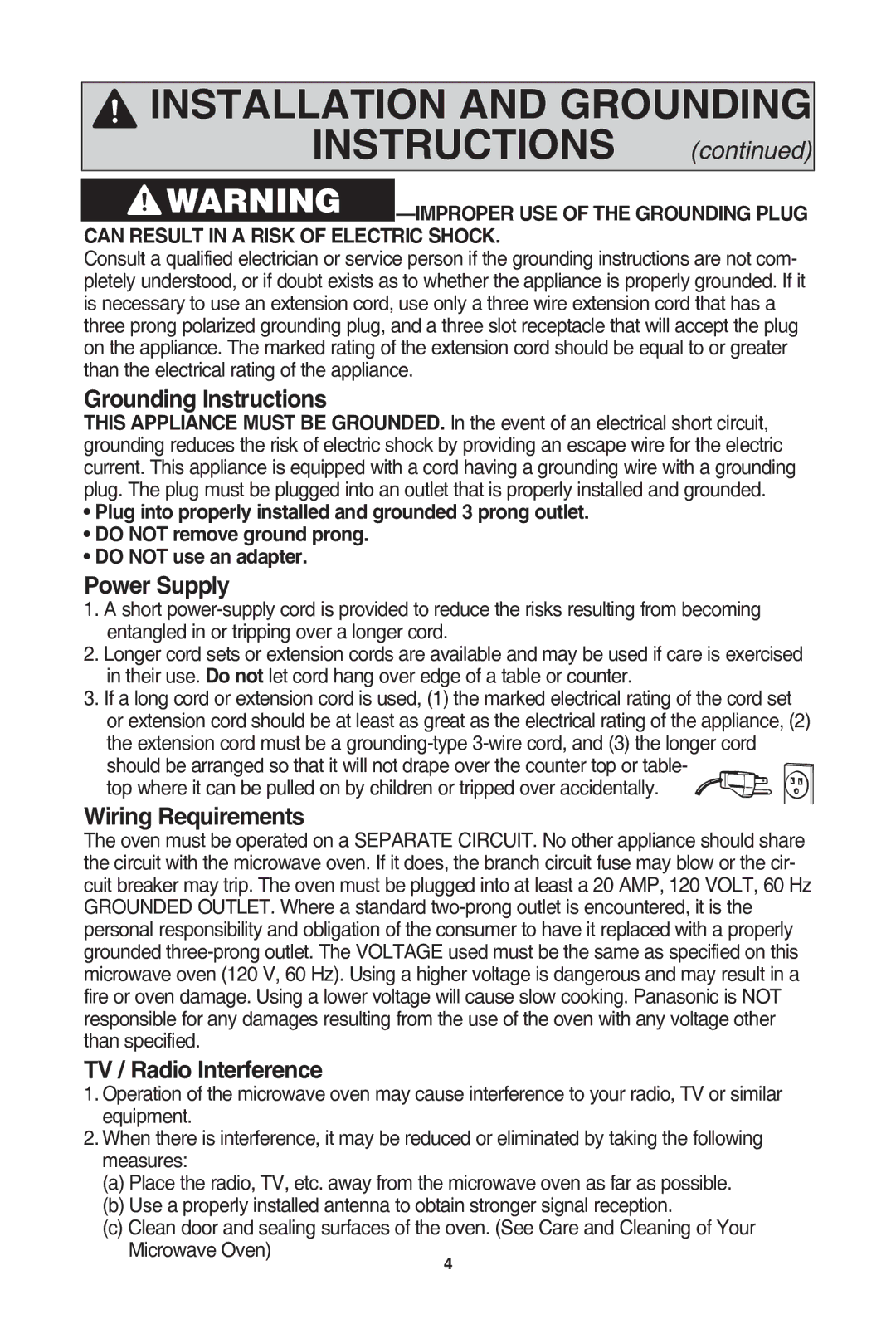 Panasonic NN-SD972S Installation and grounding instructions, Grounding instructions, Power supply, Wiring requirements 