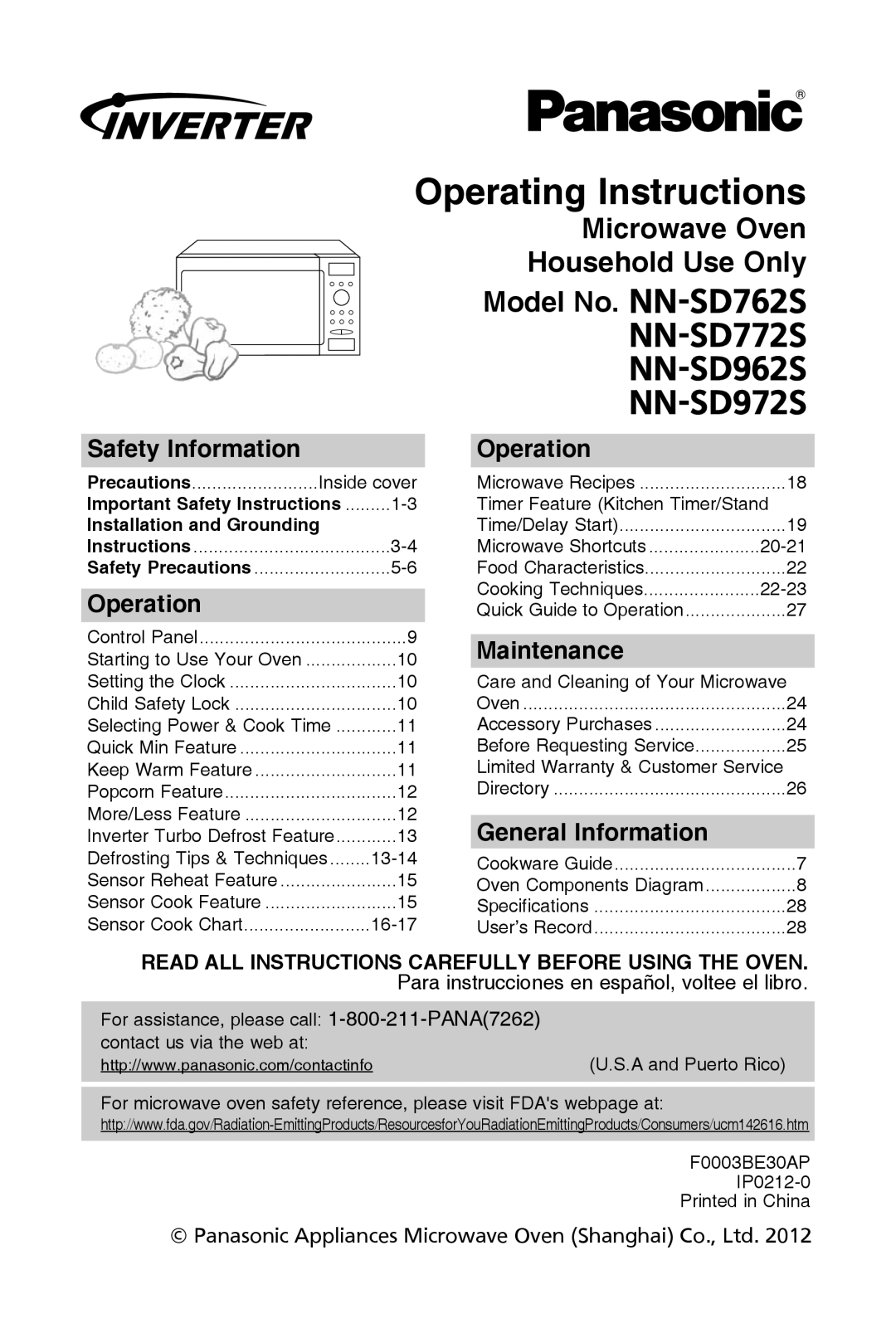 Panasonic warranty operating instructions, Model no. NN-SD762S NN-SD772S NN-SD962S NN-SD972S, safety information 