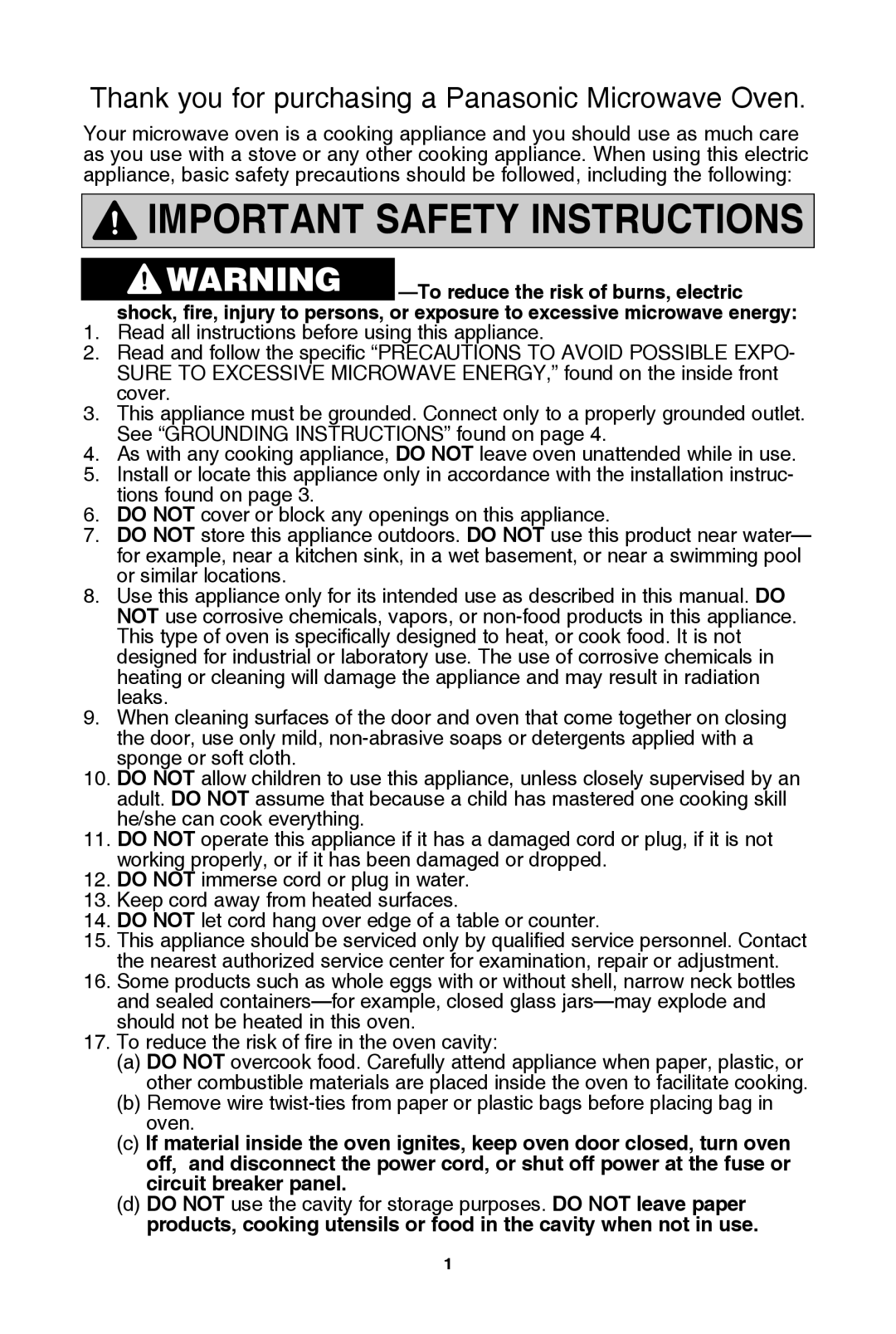 Panasonic NN-SD772S, NN-SD962S warranty iMPortant safety instructions, Thank you for purchasing a Panasonic Microwave Oven 