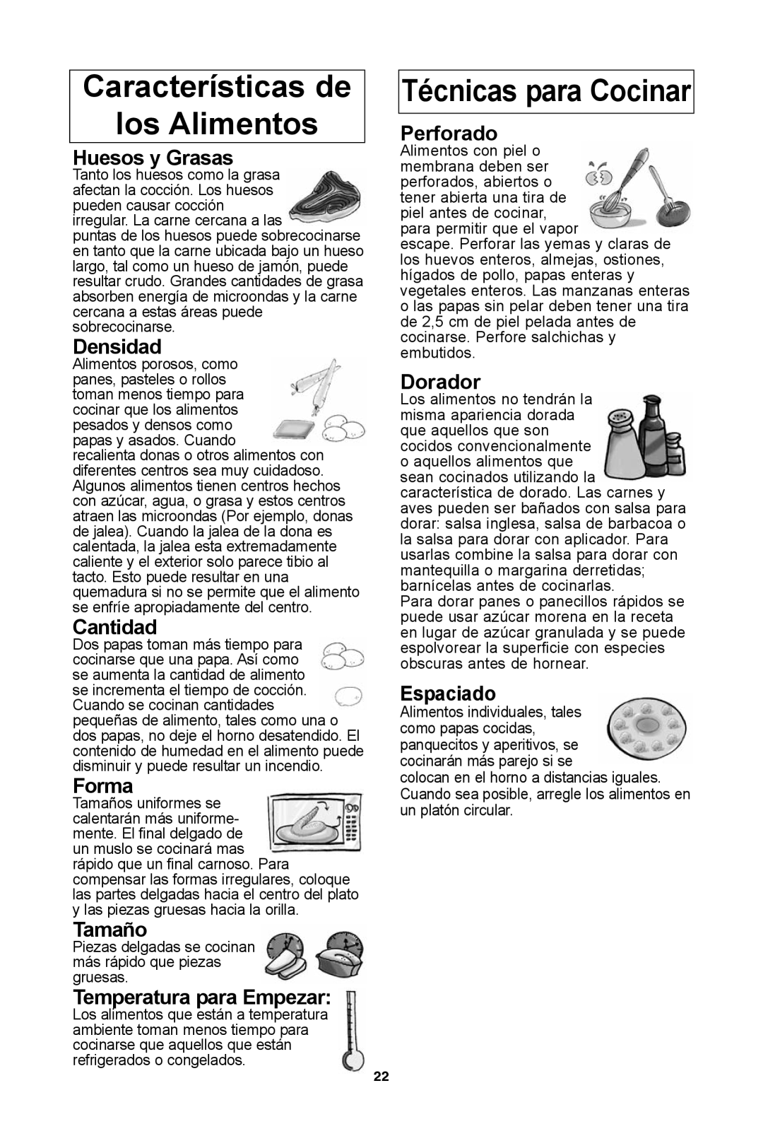 Panasonic NN-SD972S Características de los Alimentos, Huesos y Grasas, Densidad, Cantidad, Forma, Tamaño, Perforado 