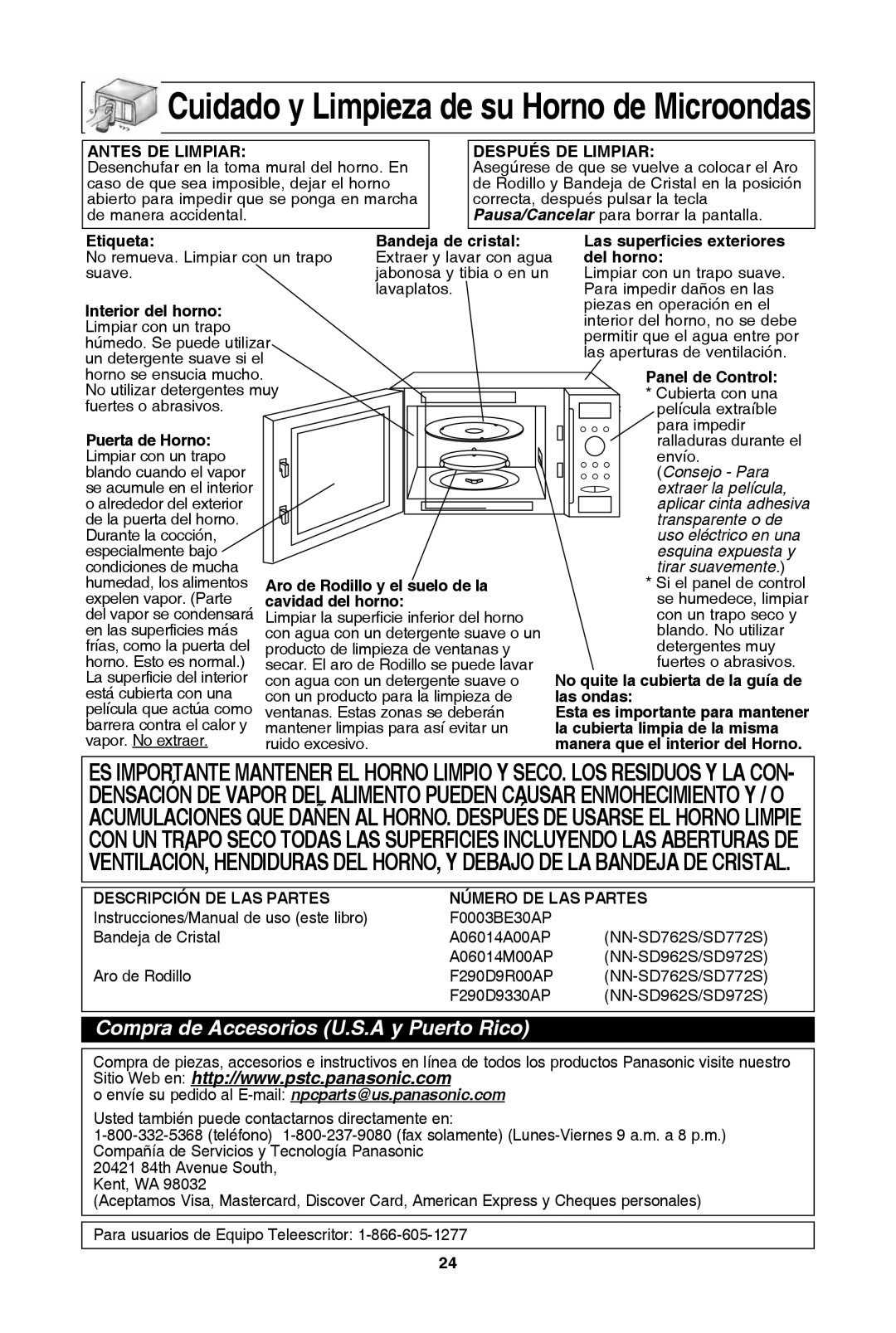 Panasonic NN-SD962S cuidado y limpieza de su horno de Microondas, Compra de Accesorios U.S.A y Puerto rico, Consejo - Para 